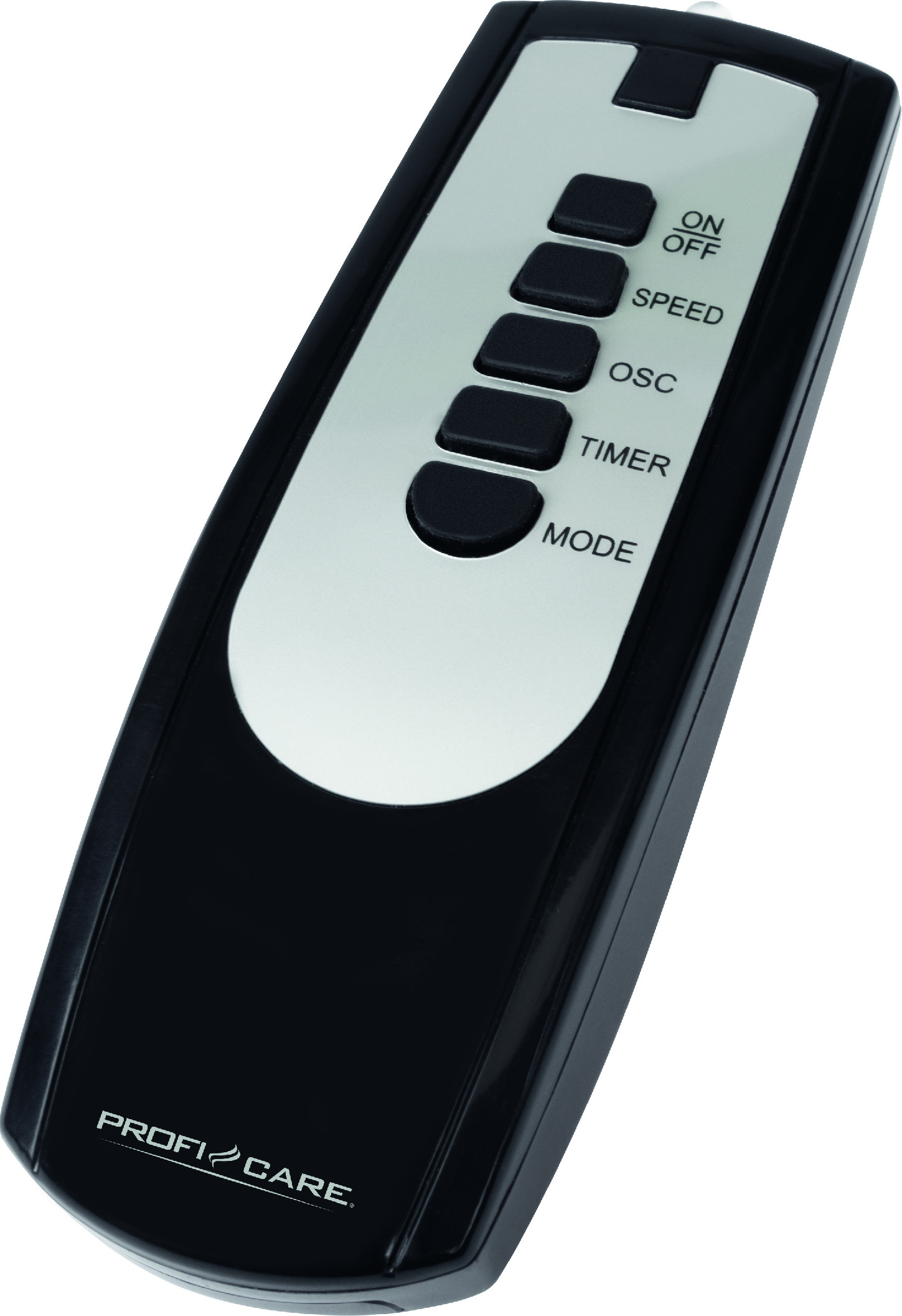 Czarny pilot z przyciskami oznaczonymi ON/OFF, SPEED, OSC, TIMER i MODE.