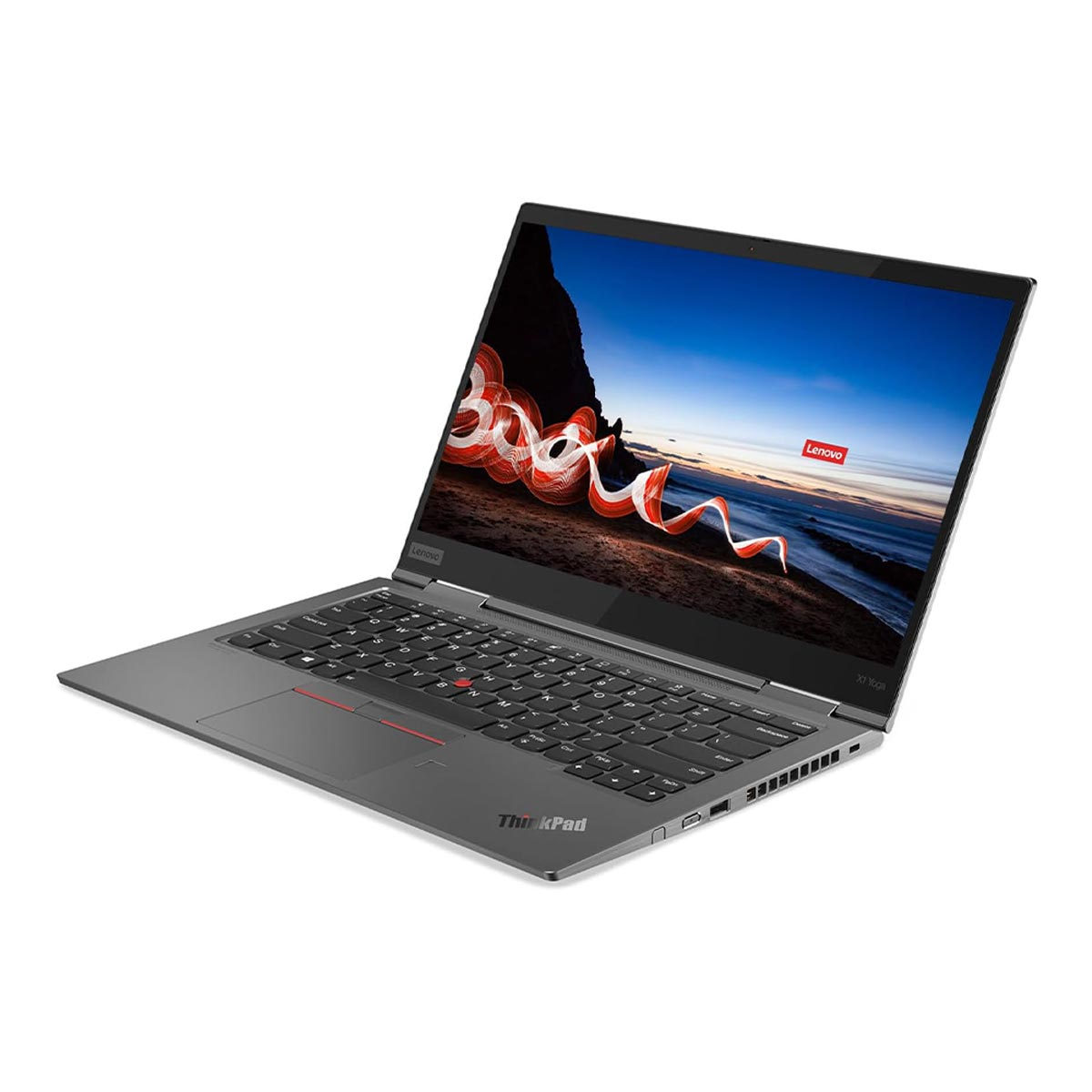 Otwarty laptop, wyświetlający kolorowy ekran. Logo ThinkPad widoczne, na białym tle.