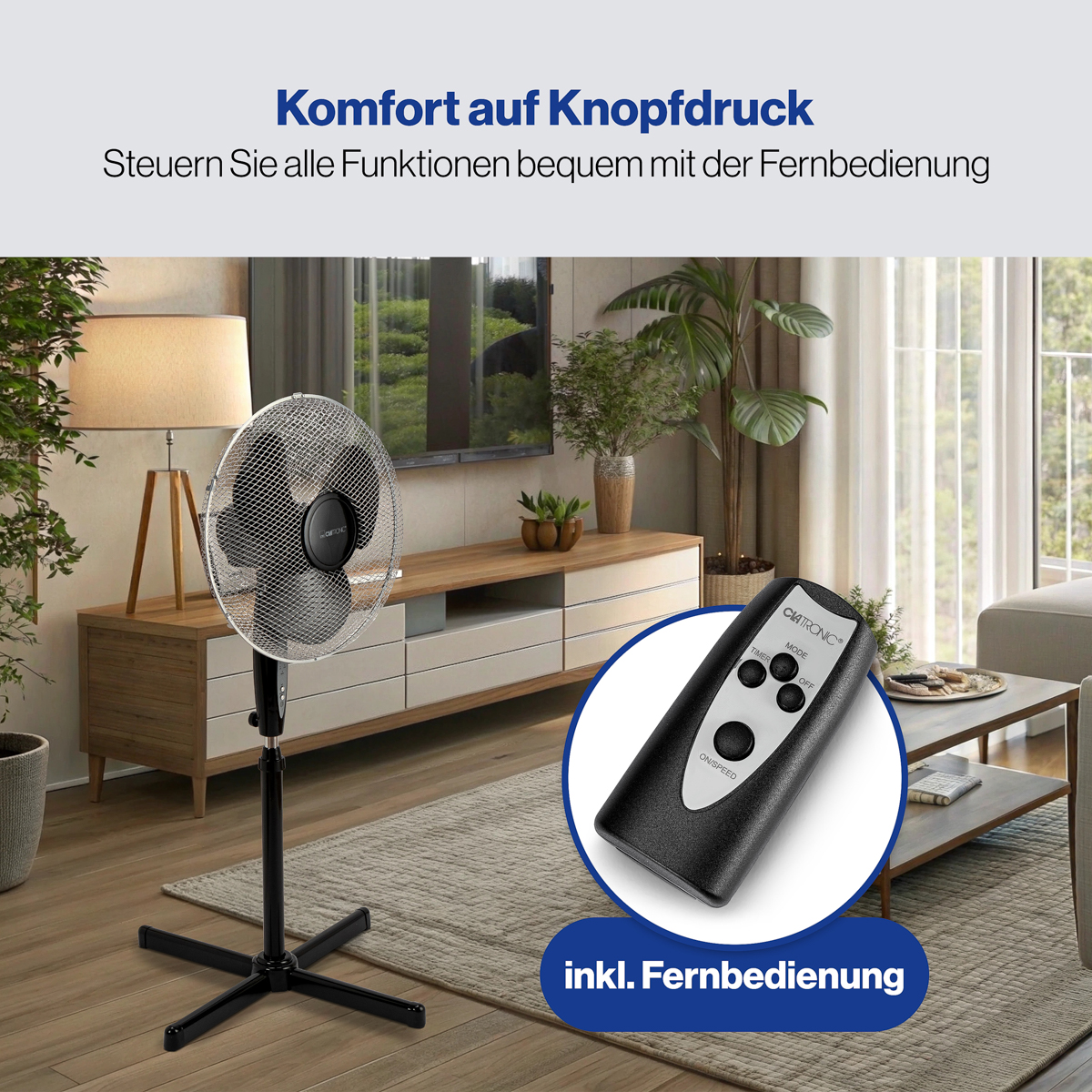 Wentylator stojący z pilotem. Ustawienia w salonie.