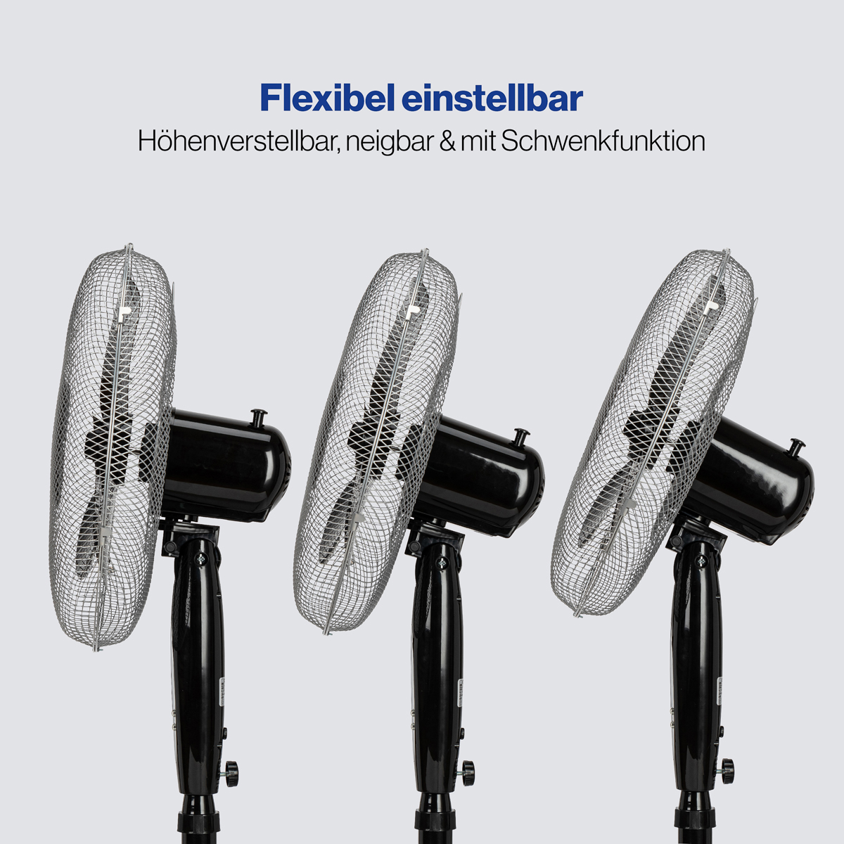 Trzy czarne wentylatory z regulowanymi głowicami. Tekst: 'Elastycznie regulowany, regulowany wysokość, uchylny i z funkcją obrotu'.