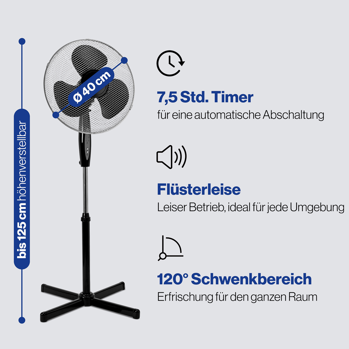 Czarno-srebrny wentylator stojący, średnica 40cm, regulowana wysokość, oscylacja 120°, timer 7.5h.