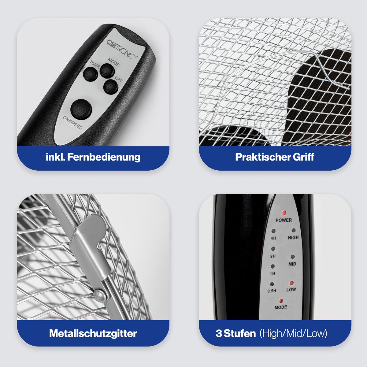 Cztery obrazy pokazujące szczegóły wentylatora. Pilot, uchwyt, kratka i ustawienia prędkości. Białe tło.