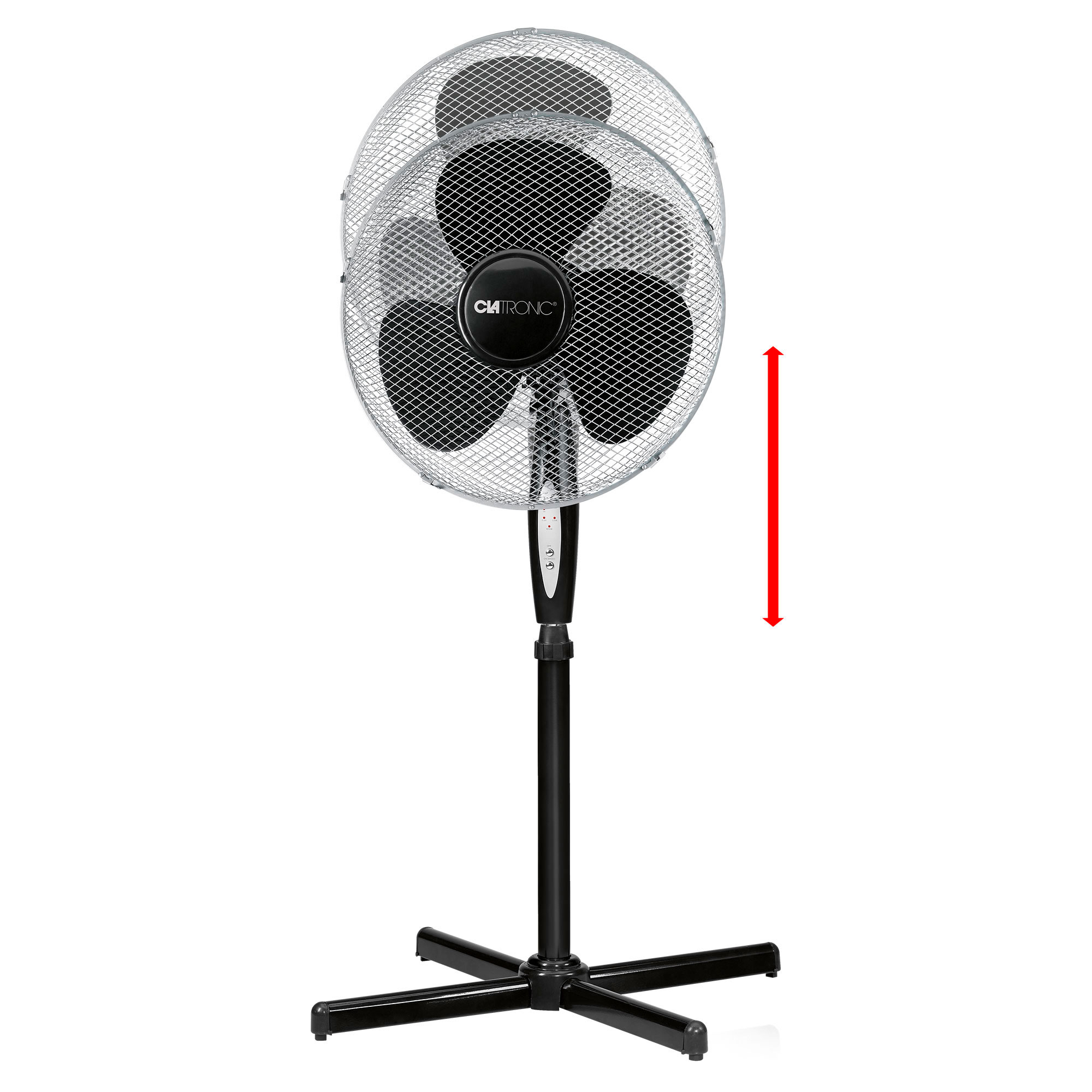 Czarny wentylator stojący z trzema łopatkami. Czerwona strzałka wskazuje regulację wysokości.