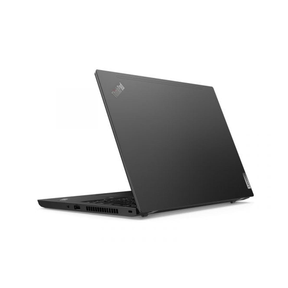 Schwarzer Laptop, geschlossen, auf weißem Hintergrund, ThinkPad-Logo.