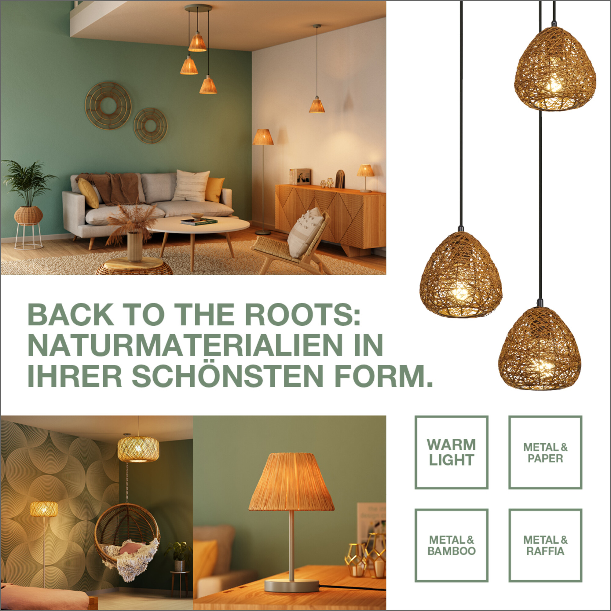 Verschiedene Pendelleuchten mit gewebten Schirmen, in einem Raum mit Sofa, Tisch und Lampe.