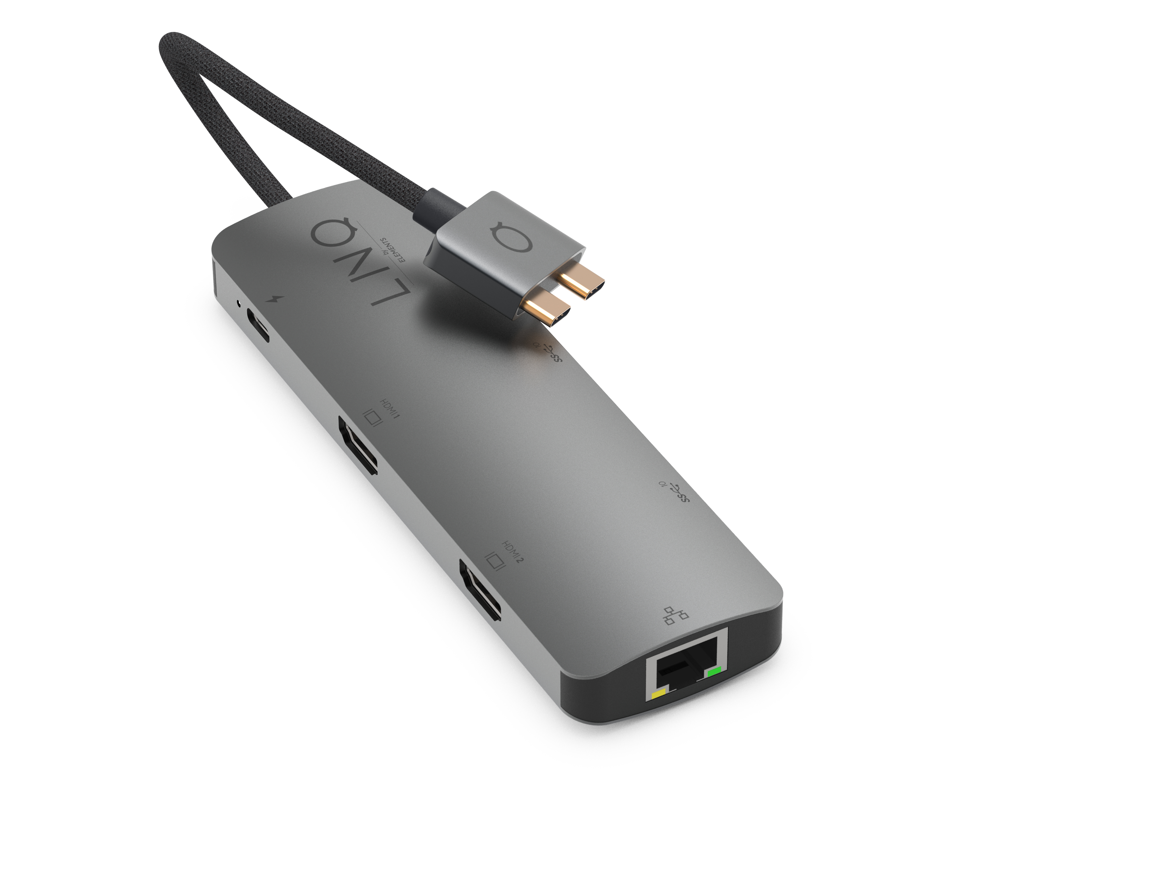 Silberner Multiport-Adapter mit Anschlüssen, einem USB-C-Kabel und weißem Hintergrund.
