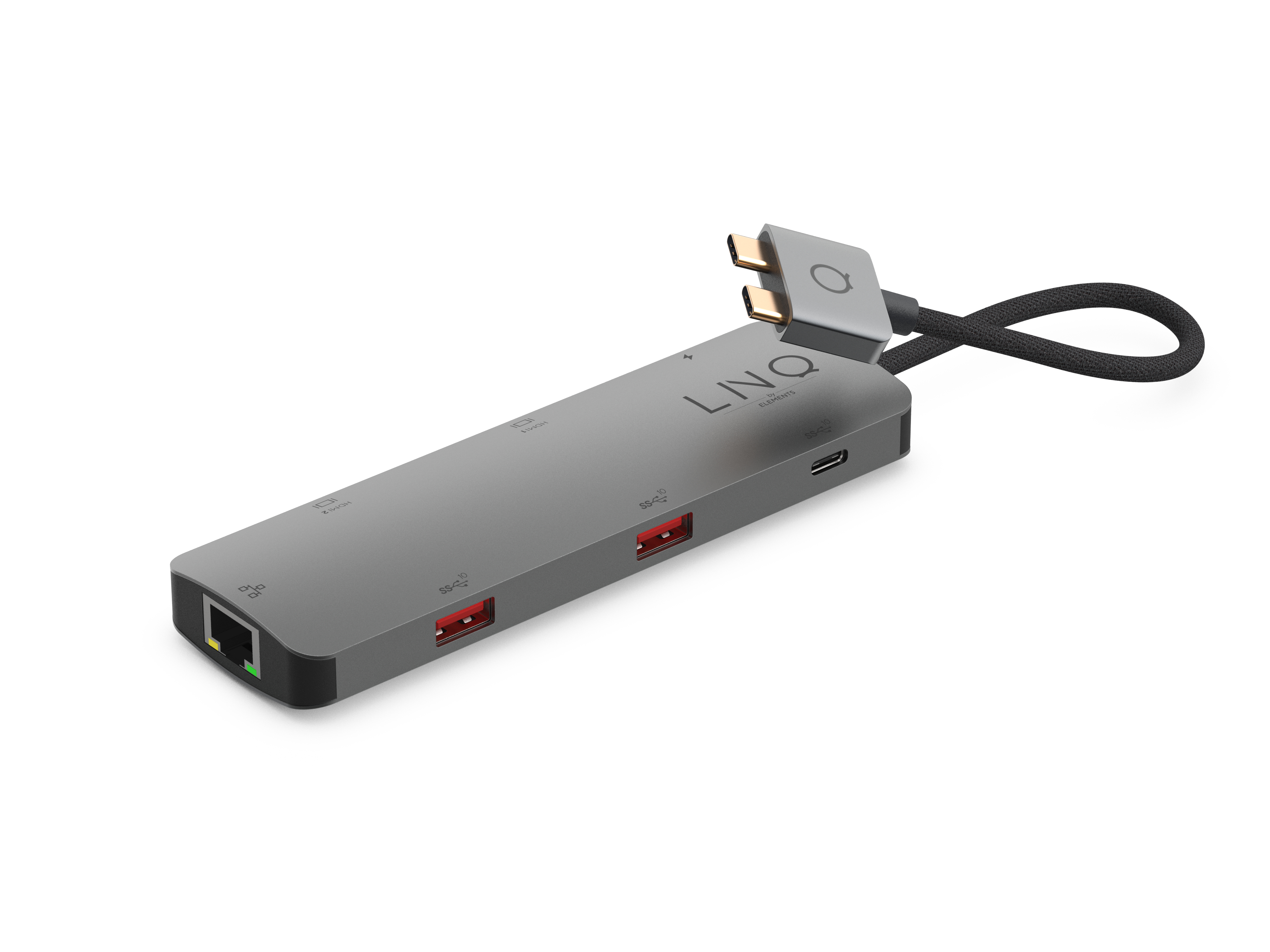 Grauer USB-C-Hub mit Anschlüssen, einem schwarzen Kabel und einem silbernen Stecker auf weißem Hintergrund.