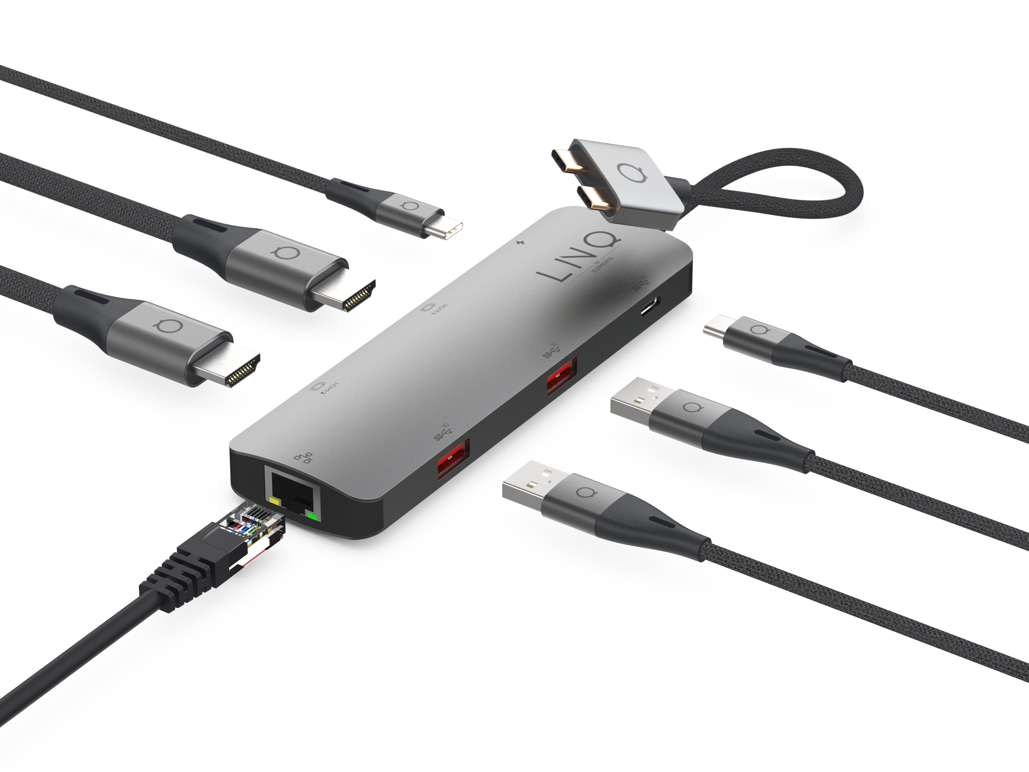 Silberner Hub mit mehreren Kabeln darum. Verschiedene Anschlüsse, einschließlich USB und Ethernet.