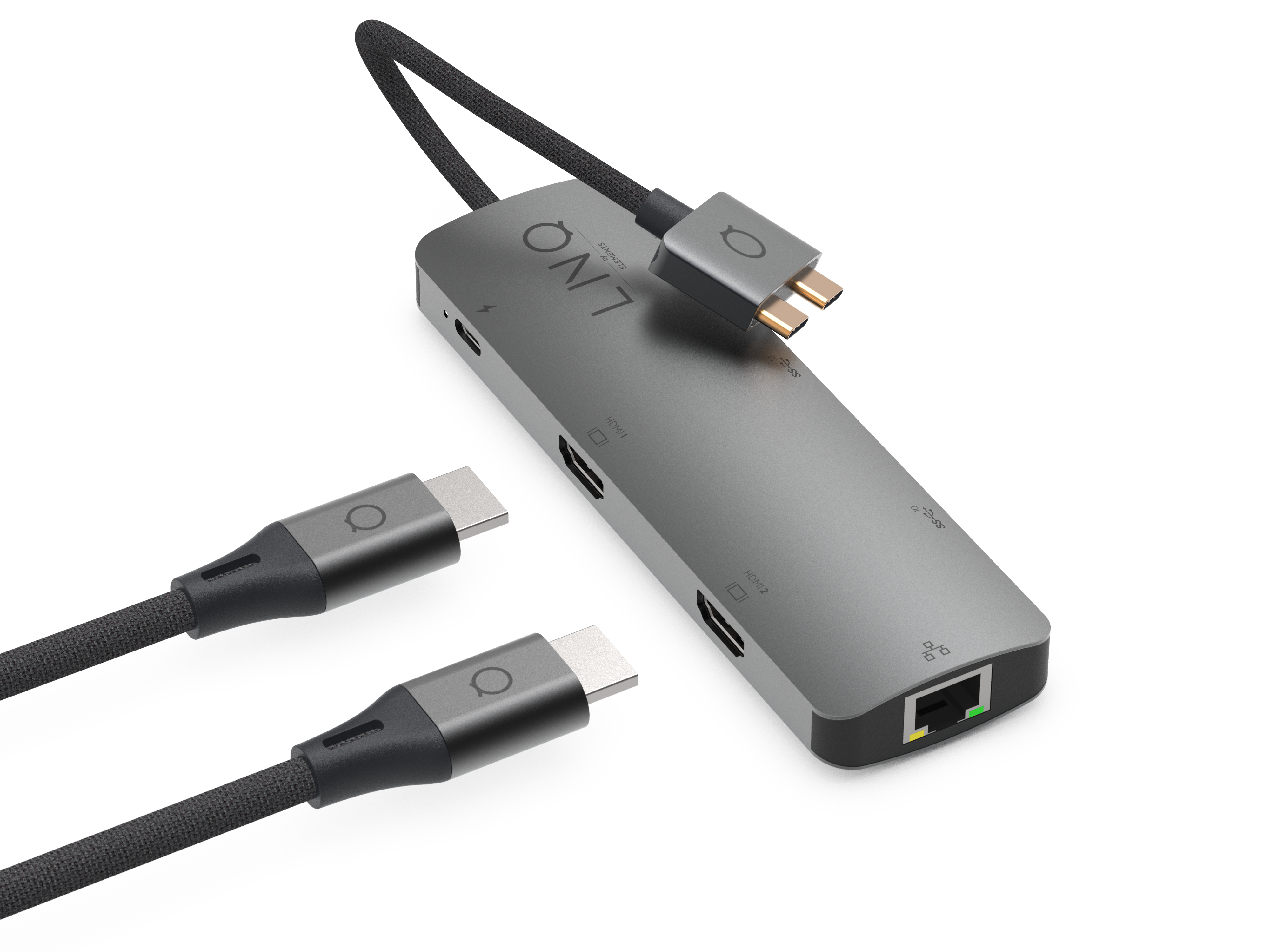 Grauer USB-C-Hub mit mehreren Anschlüssen und Kabeln. Verfügt über HDMI-, USB- und Ethernet-Anschlüsse.
