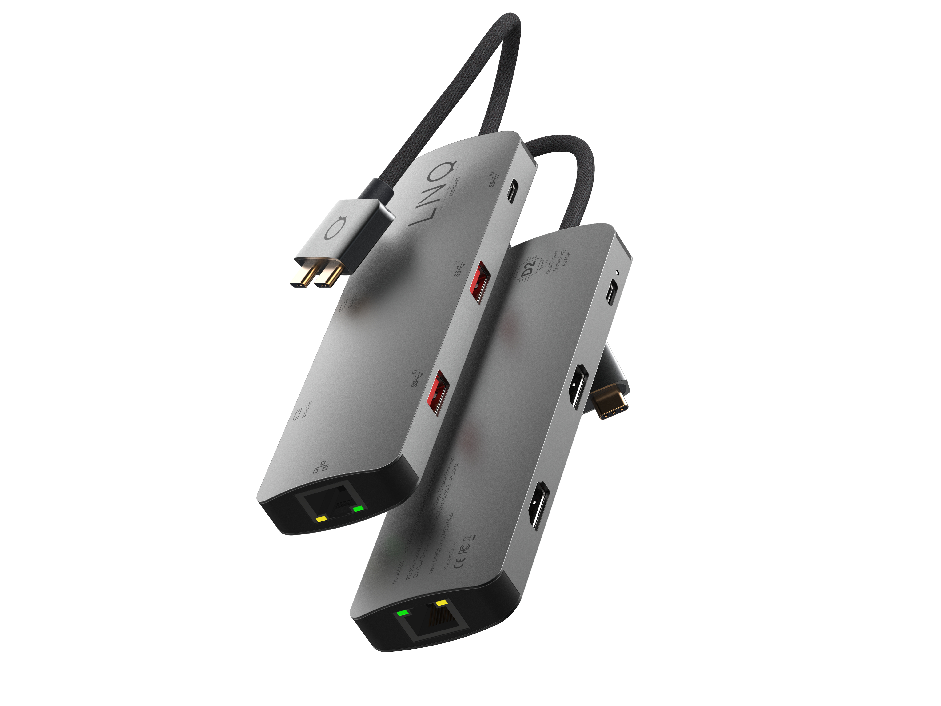 Zwei silberne USB-C-Hubs mit mehreren Anschlüssen. Einer ist mit einem USB-C-Kabel verbunden.