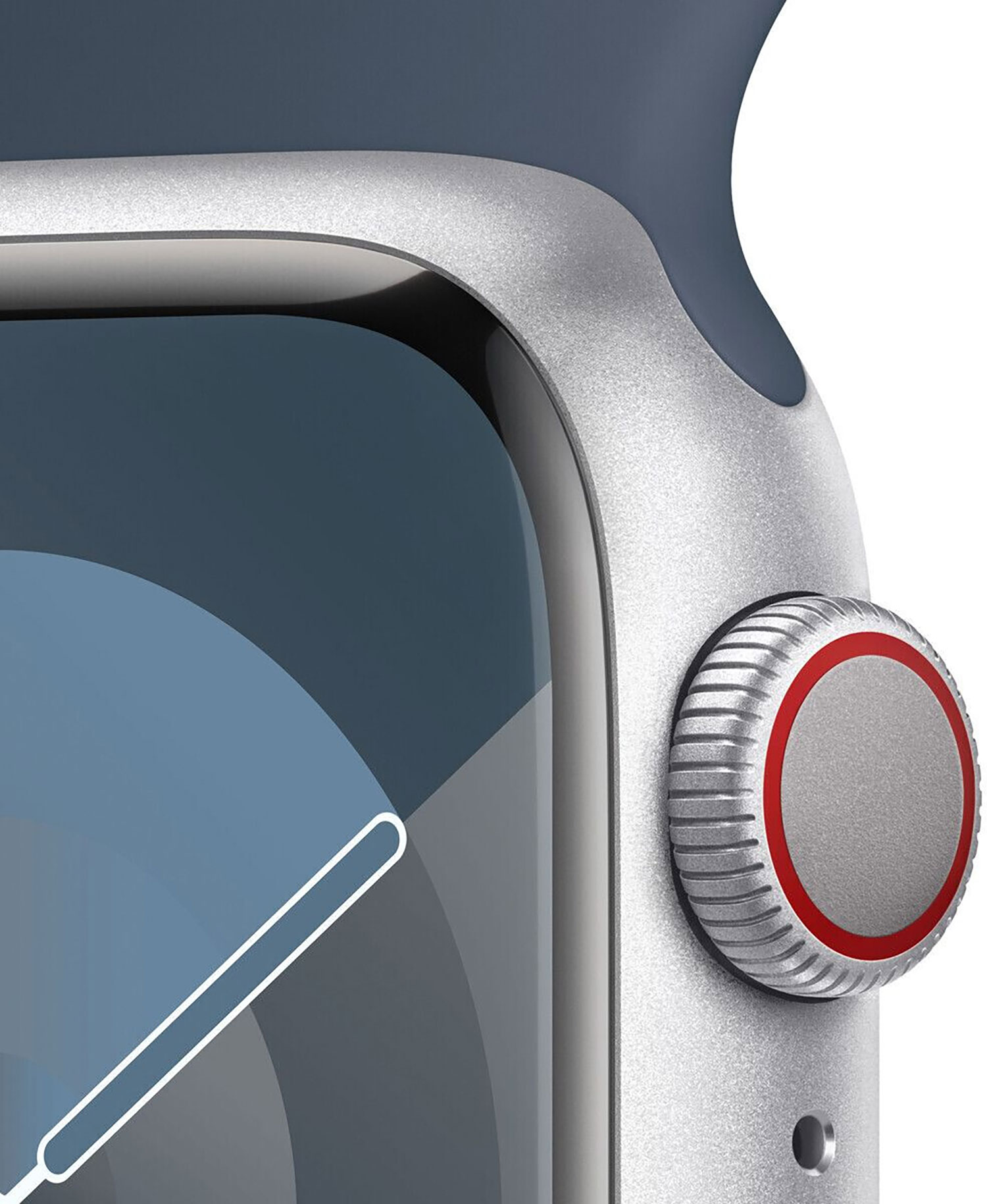 Close-up of a smartwatch with a silver body and a blue strap. The screen shows a blue and white design.