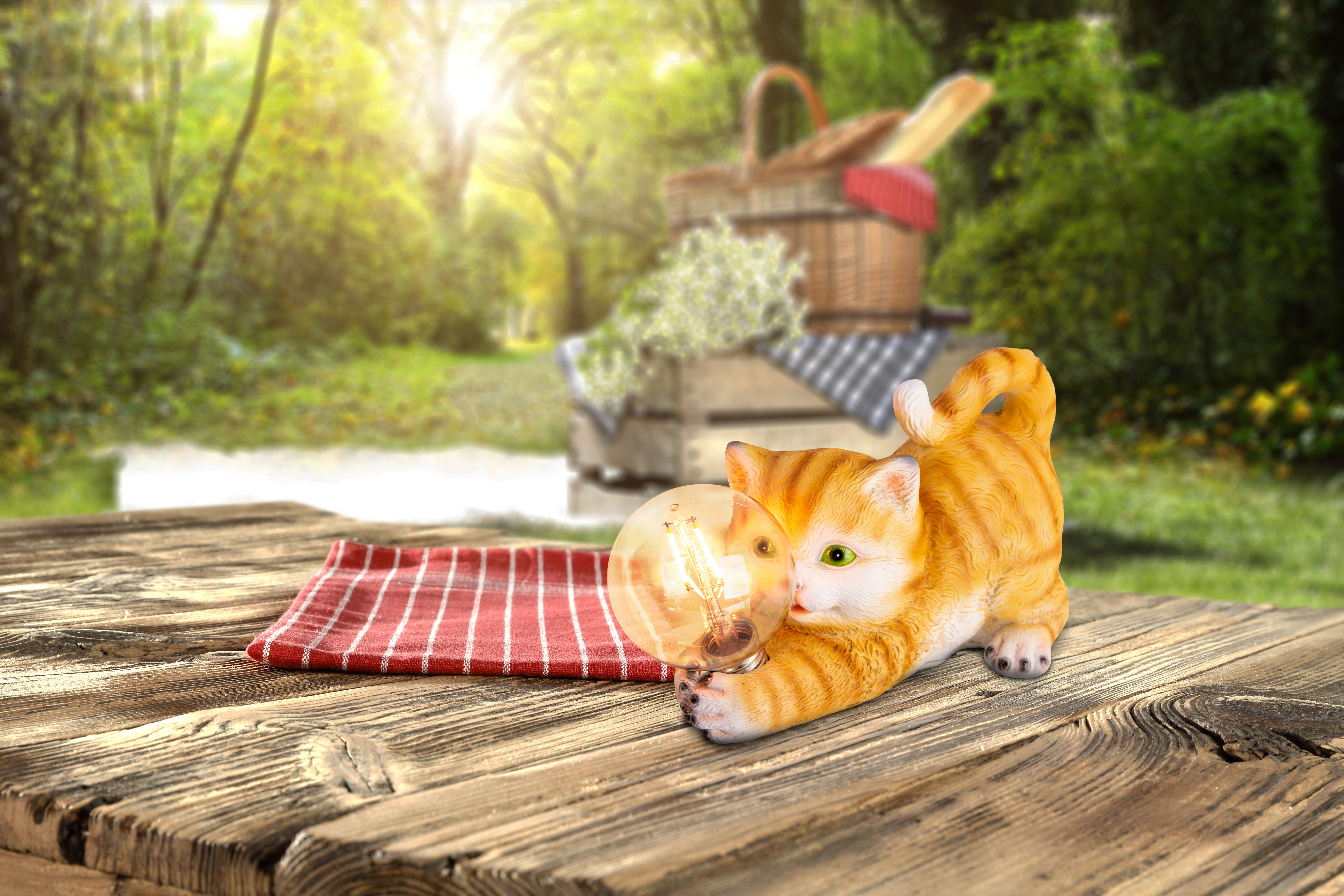 Eine katzenförmige Lampe, die eine Glühbirne auf einem Holztisch hält. Ein Picknick ist im Hintergrund.