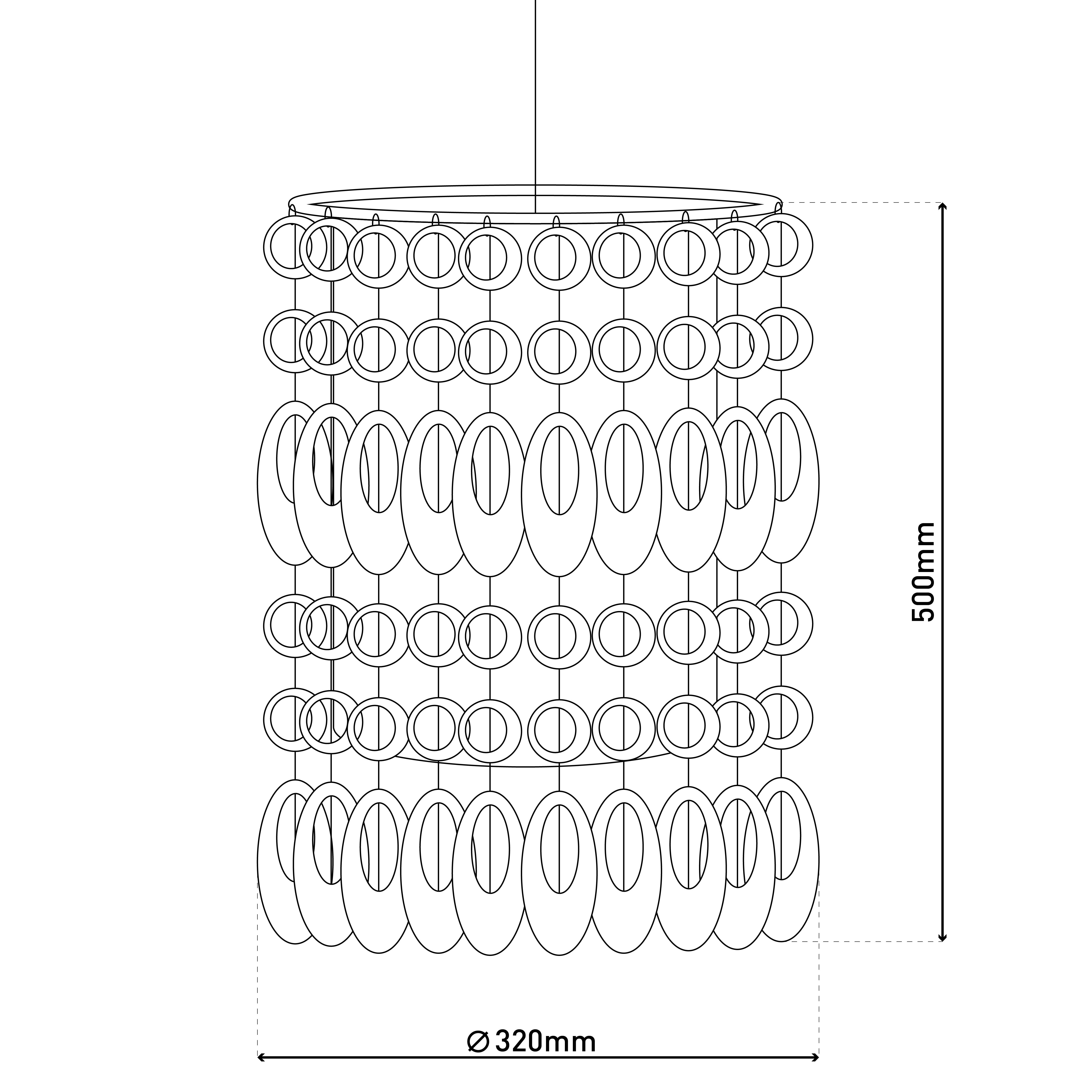 Strichzeichnung eines zylindrischen Kronleuchters mit mehreren ovalen Ringen.