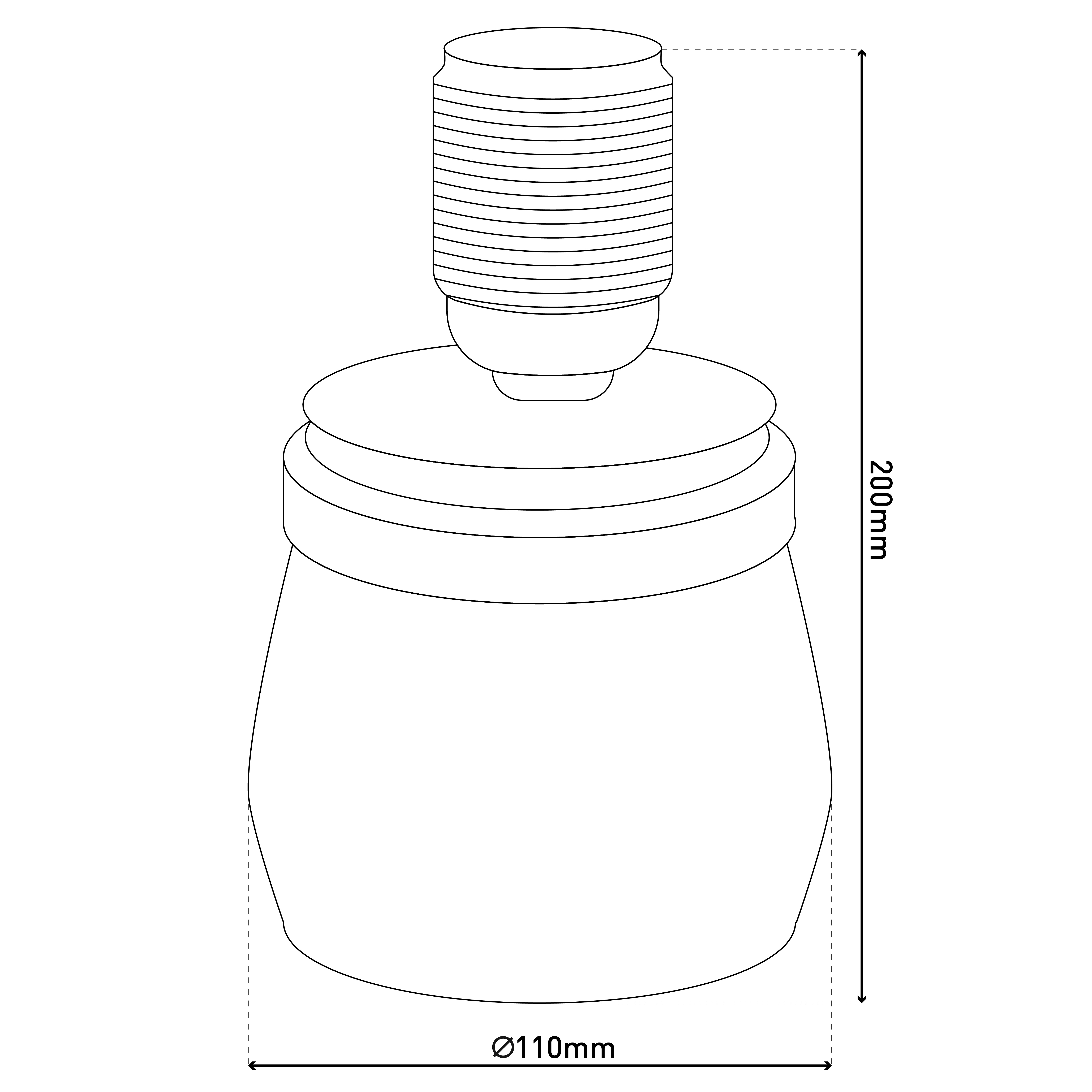 Eine Strichzeichnung zeigt eine Lampe mit den Maßen 200 mm Höhe und 110 mm Durchmesser.