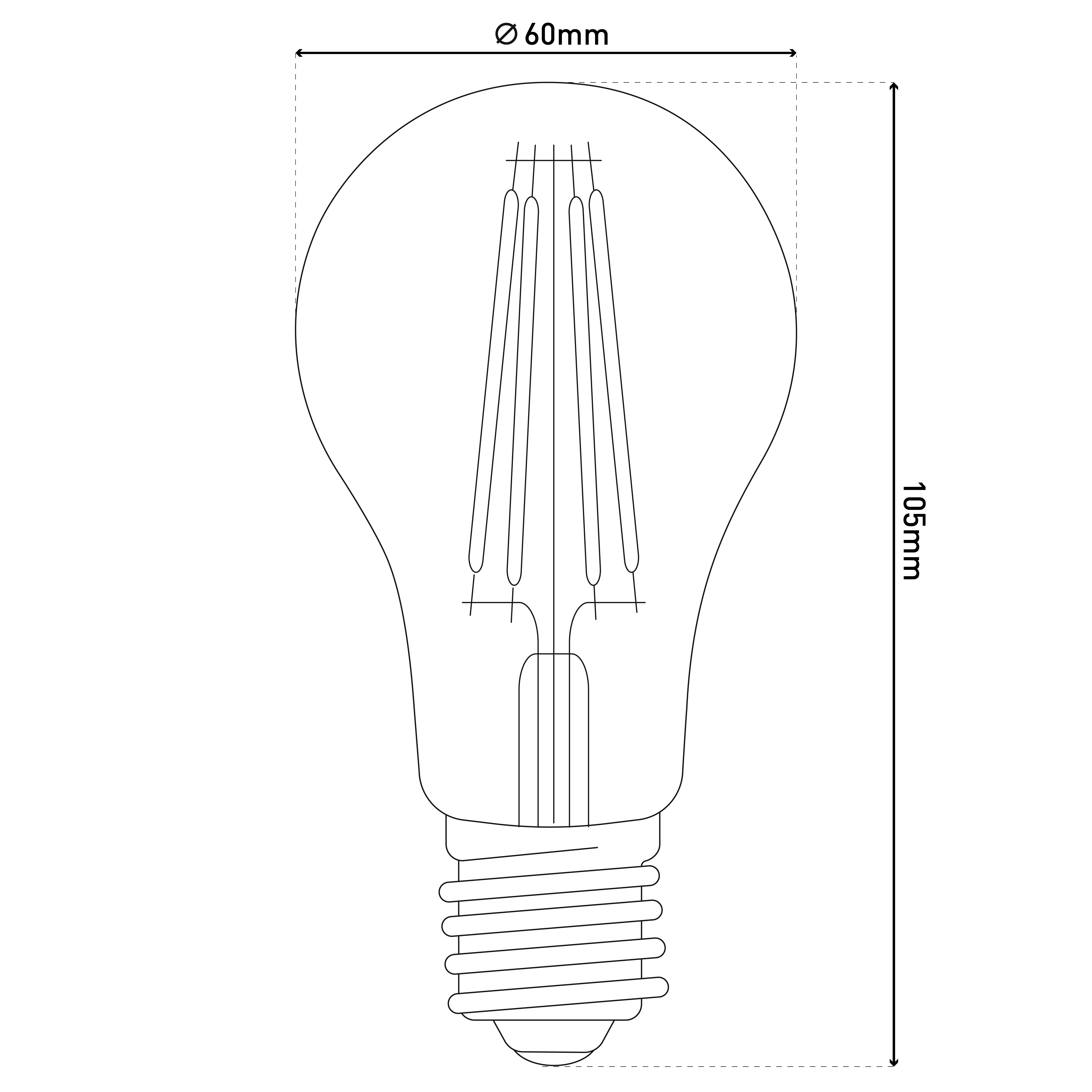 Ein Diagramm einer Glühbirne. Zeigt die Abmessungen der Glühbirne: 60 mm Durchmesser, 105 mm Höhe.