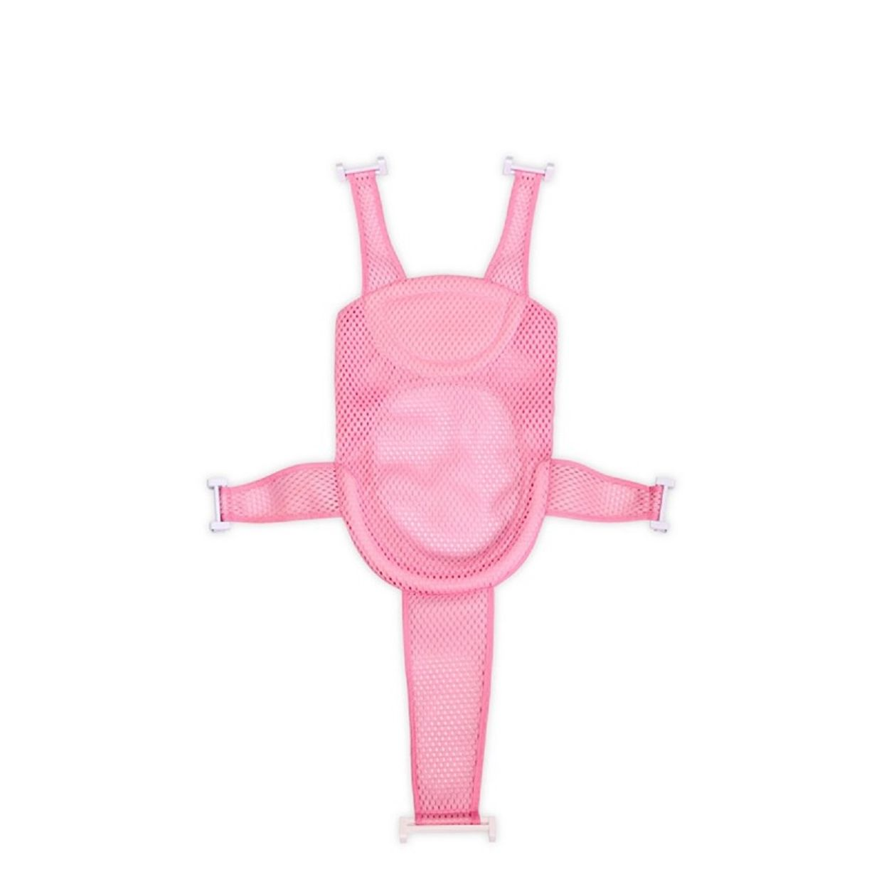 Eine rosa Baby-Badewannentrage aus Netzstoff auf weißem Hintergrund.