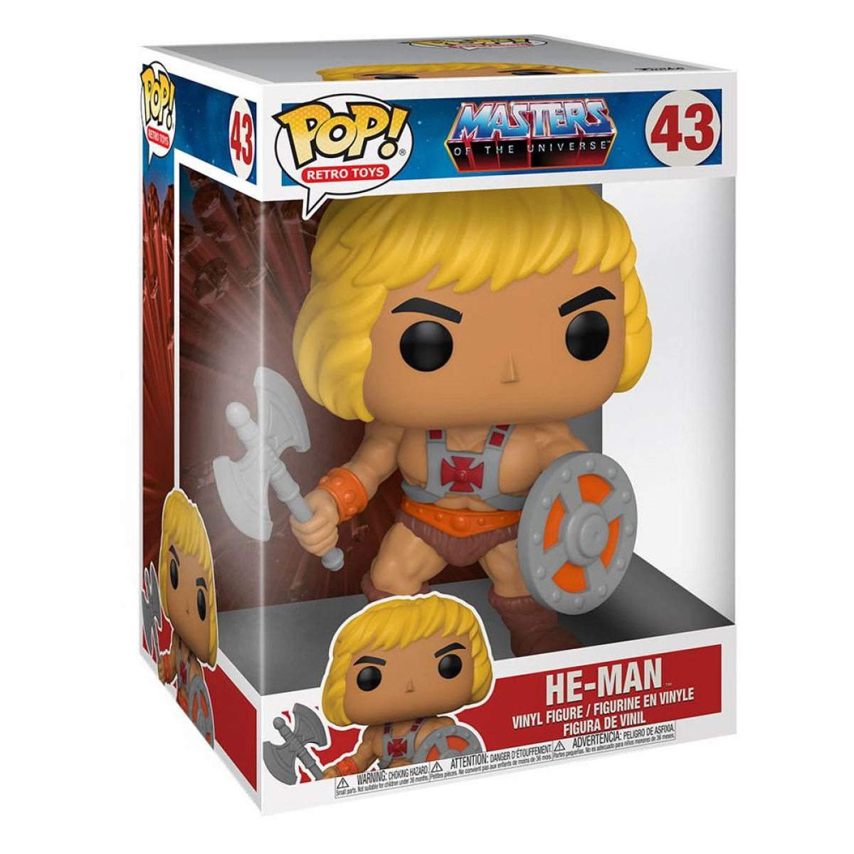 Figura de acción de He-Man en una caja. Es rubio, musculoso y sostiene un hacha y un escudo.