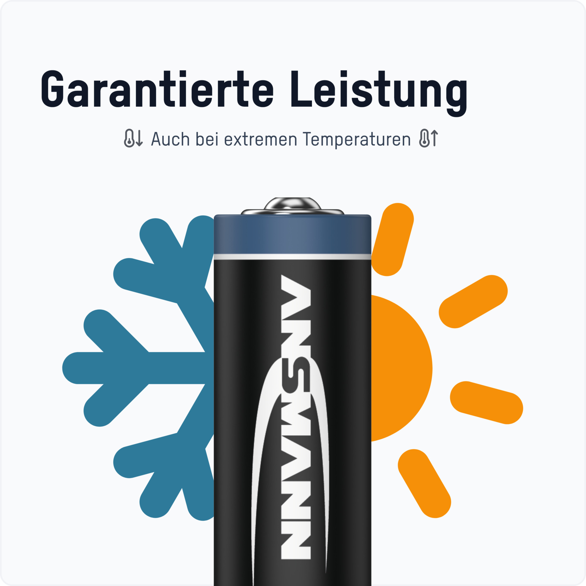 Schwarze Batterie mit Ansmann-Logo, mit Schneeflocken- und Sonnenillustration. Text: Garantierte Leistung.