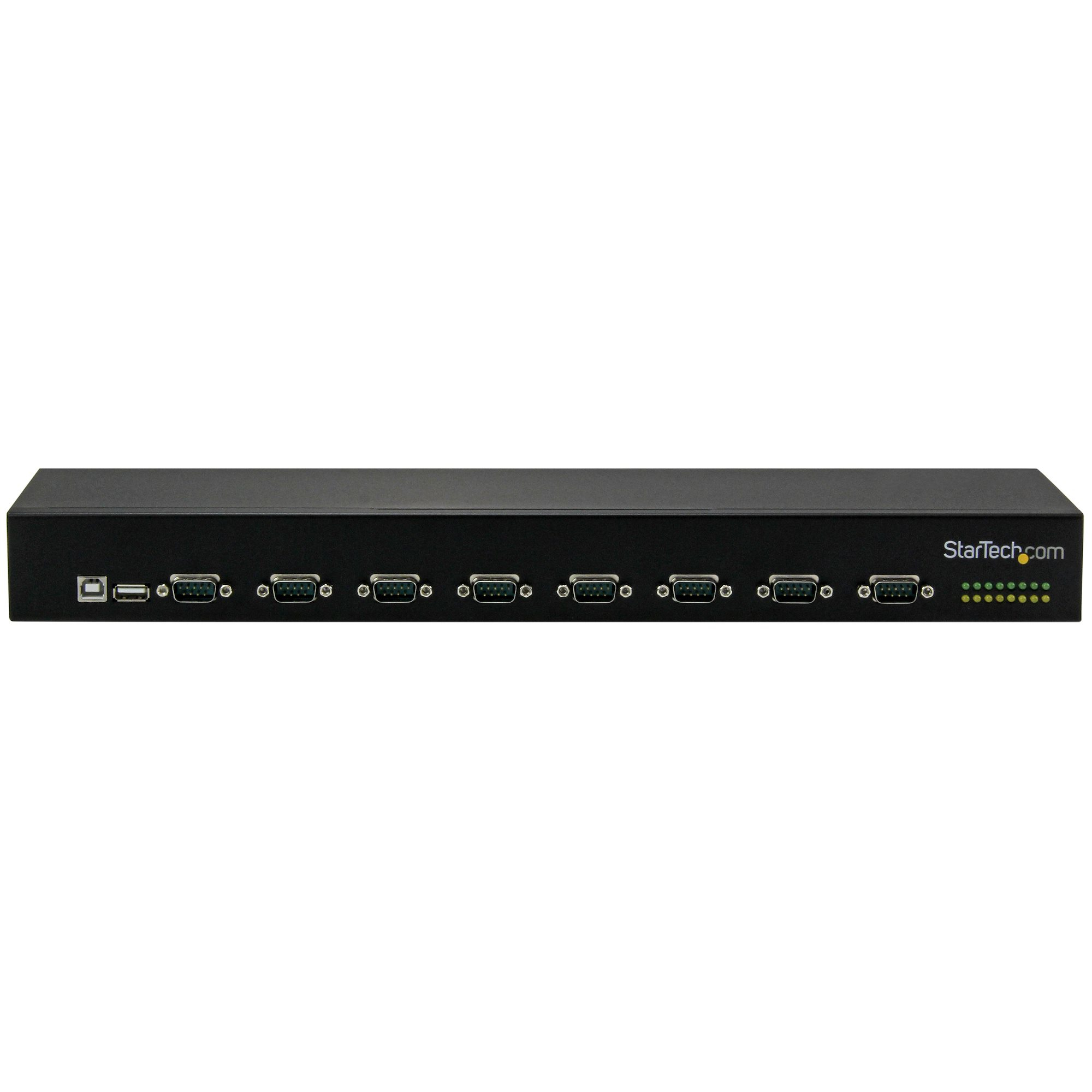 Un dispositivo negro de StarTech.com con múltiples puertos, sobre fondo blanco.