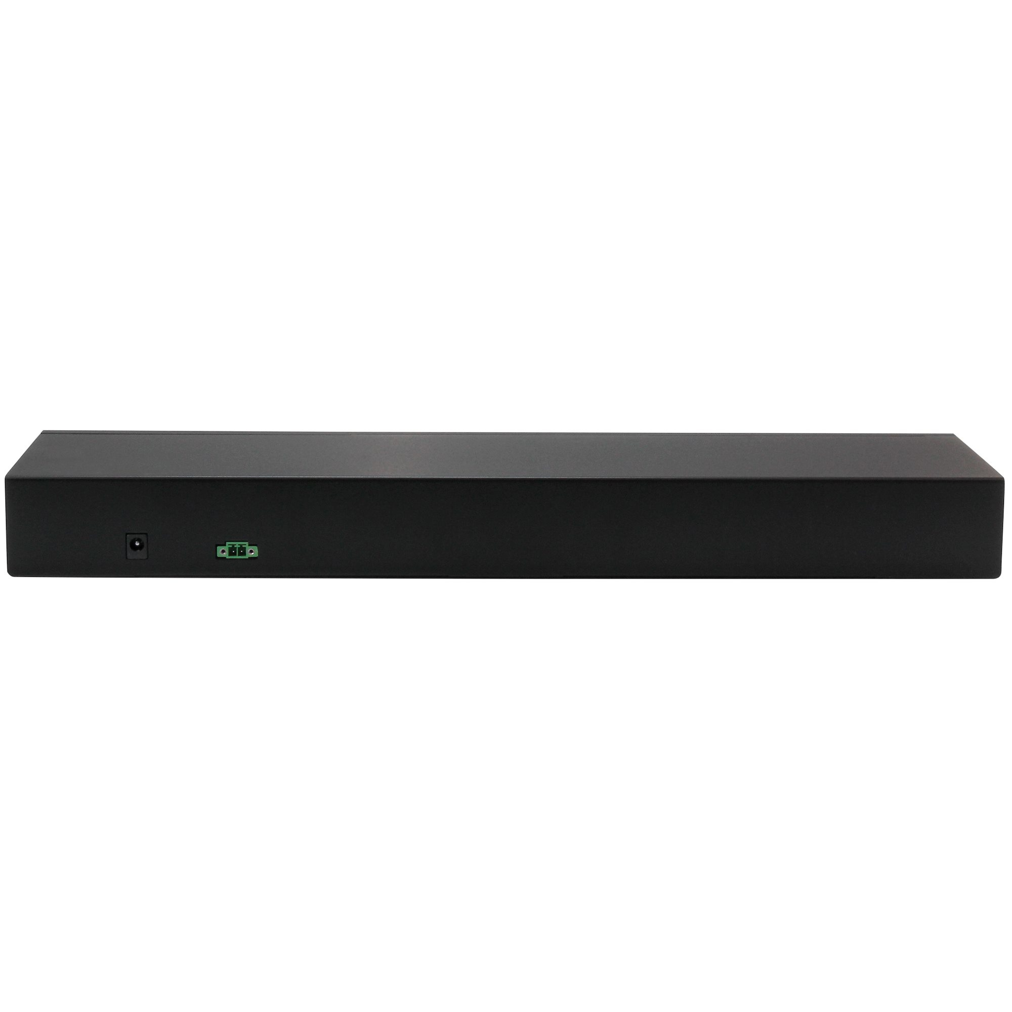 Un dispositivo negro, rectangular y largo. Tiene una entrada de alimentación y un conector verde.