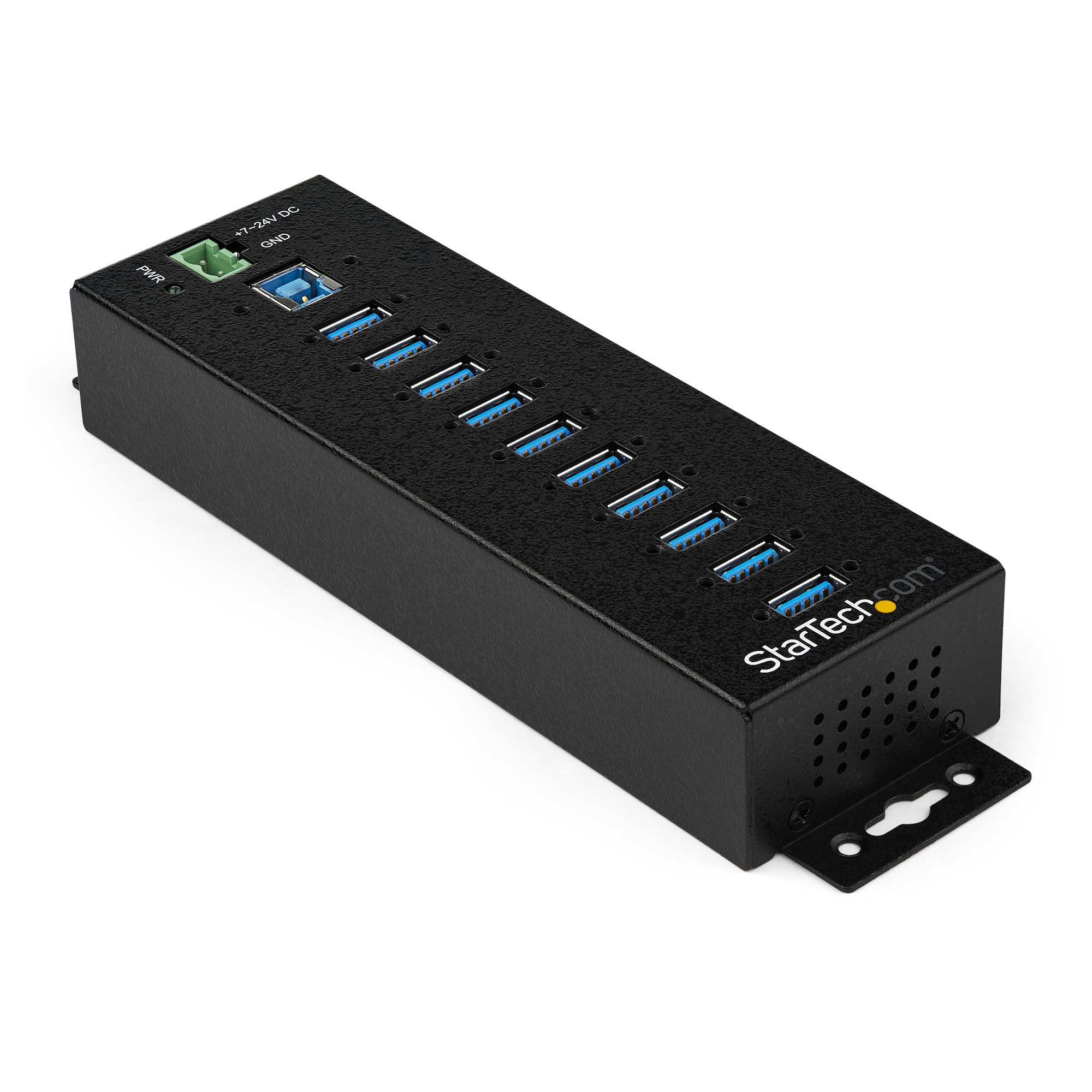 Hub USB nero con 7 porte, marchio StarTech.com, su sfondo bianco.