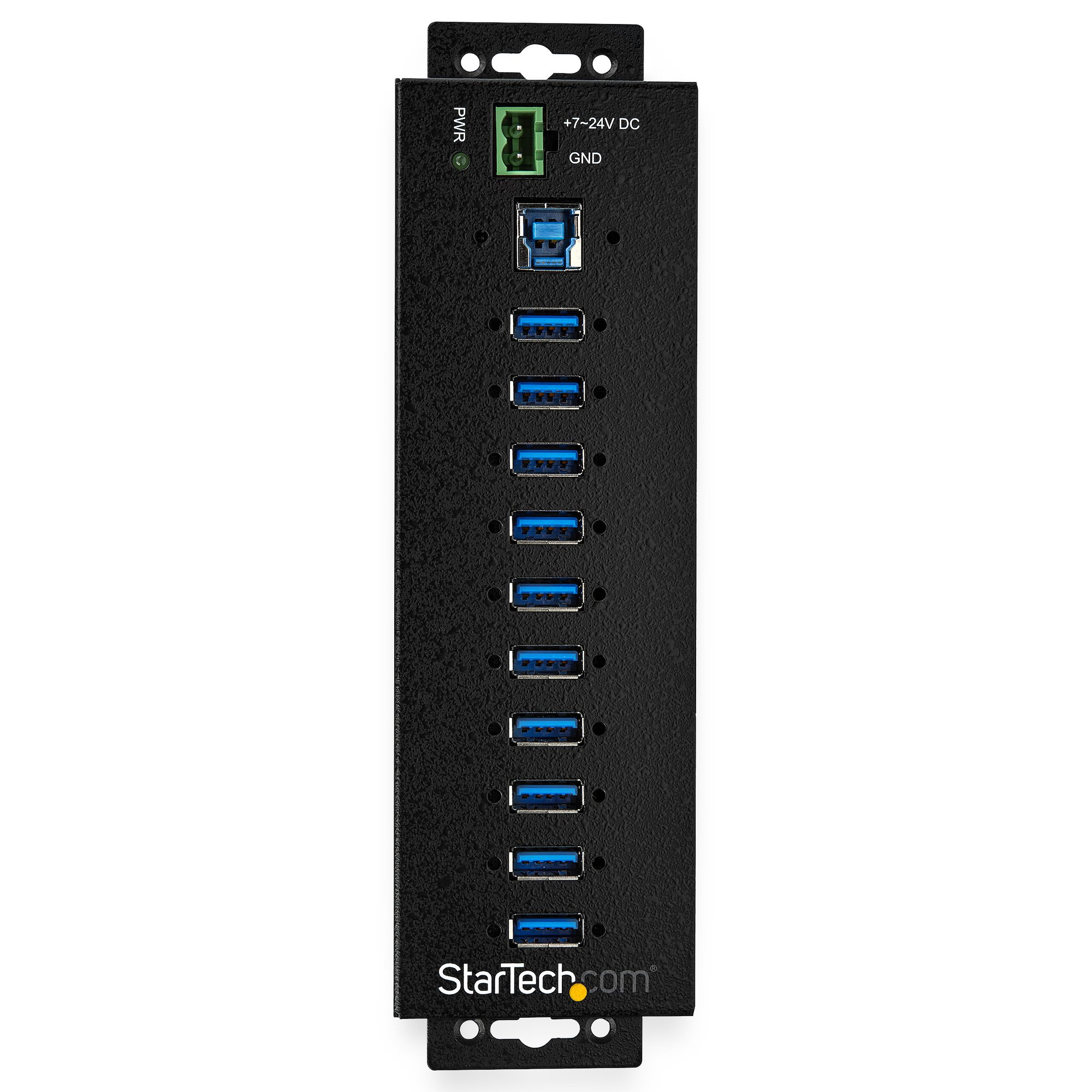 Un hub USB nero con più porte, etichettato 'StarTech.com' in basso.