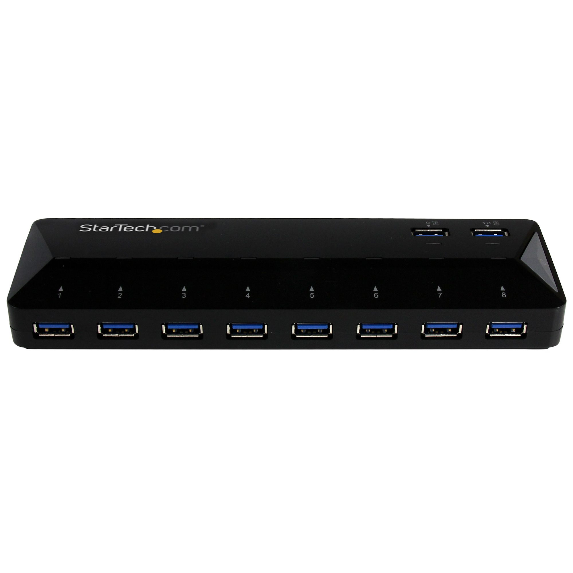 Schwarzer USB-Hub mit 8 Anschlüssen. Jeder Anschluss hat ein blaues Innere. StarTech.com oben.