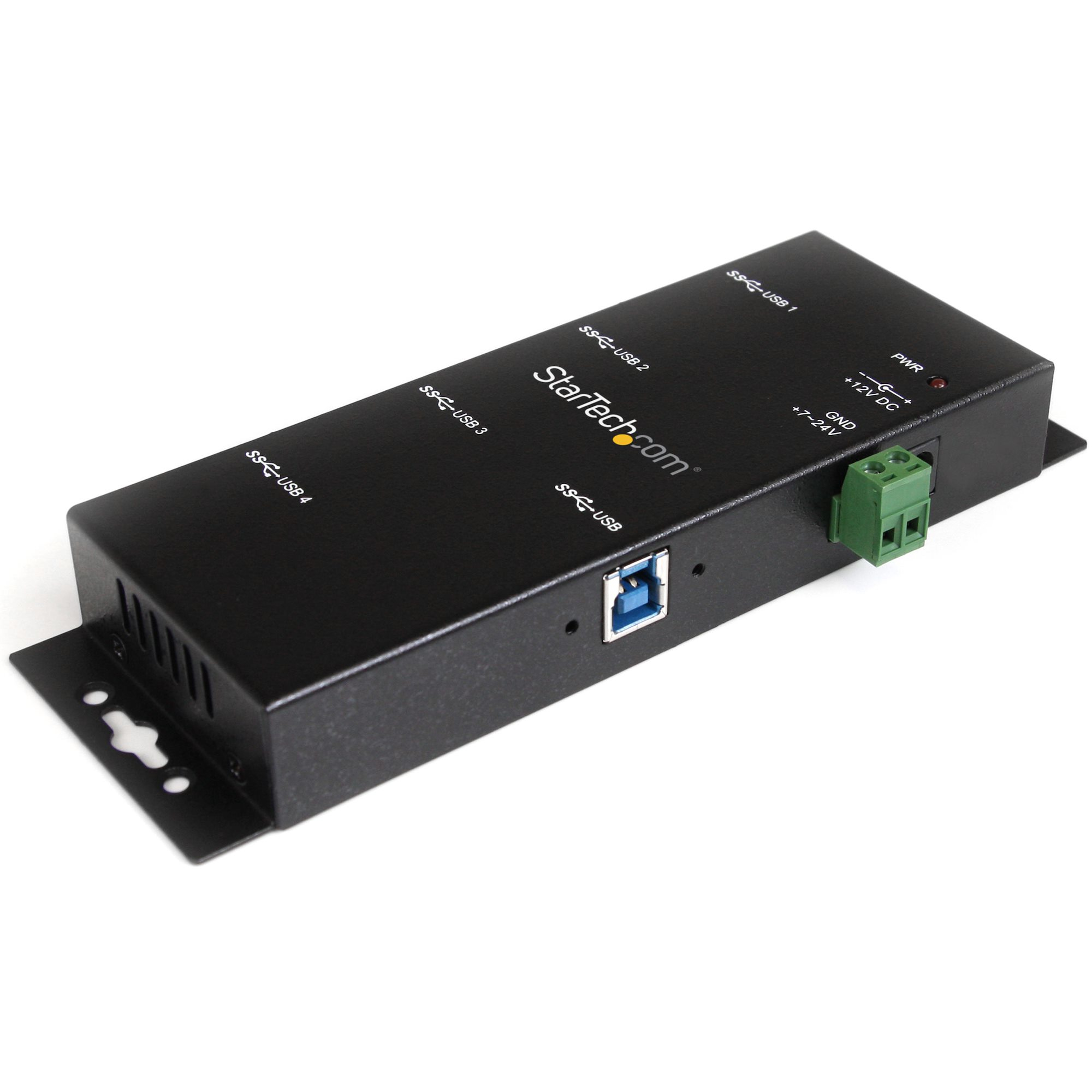 Un hub USB nero con più porte. È posizionato su una superficie bianca.
