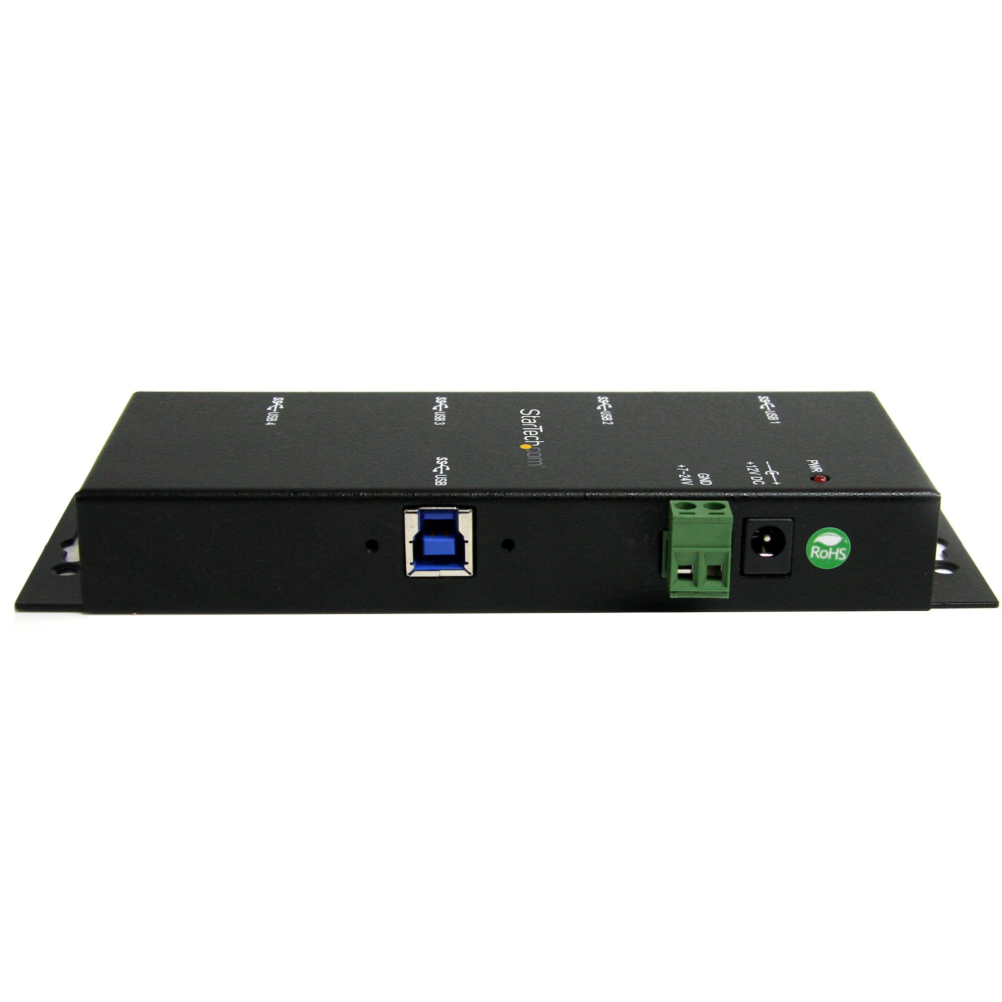Dispositivo nero con porta USB, connettori e marchio, su sfondo bianco.