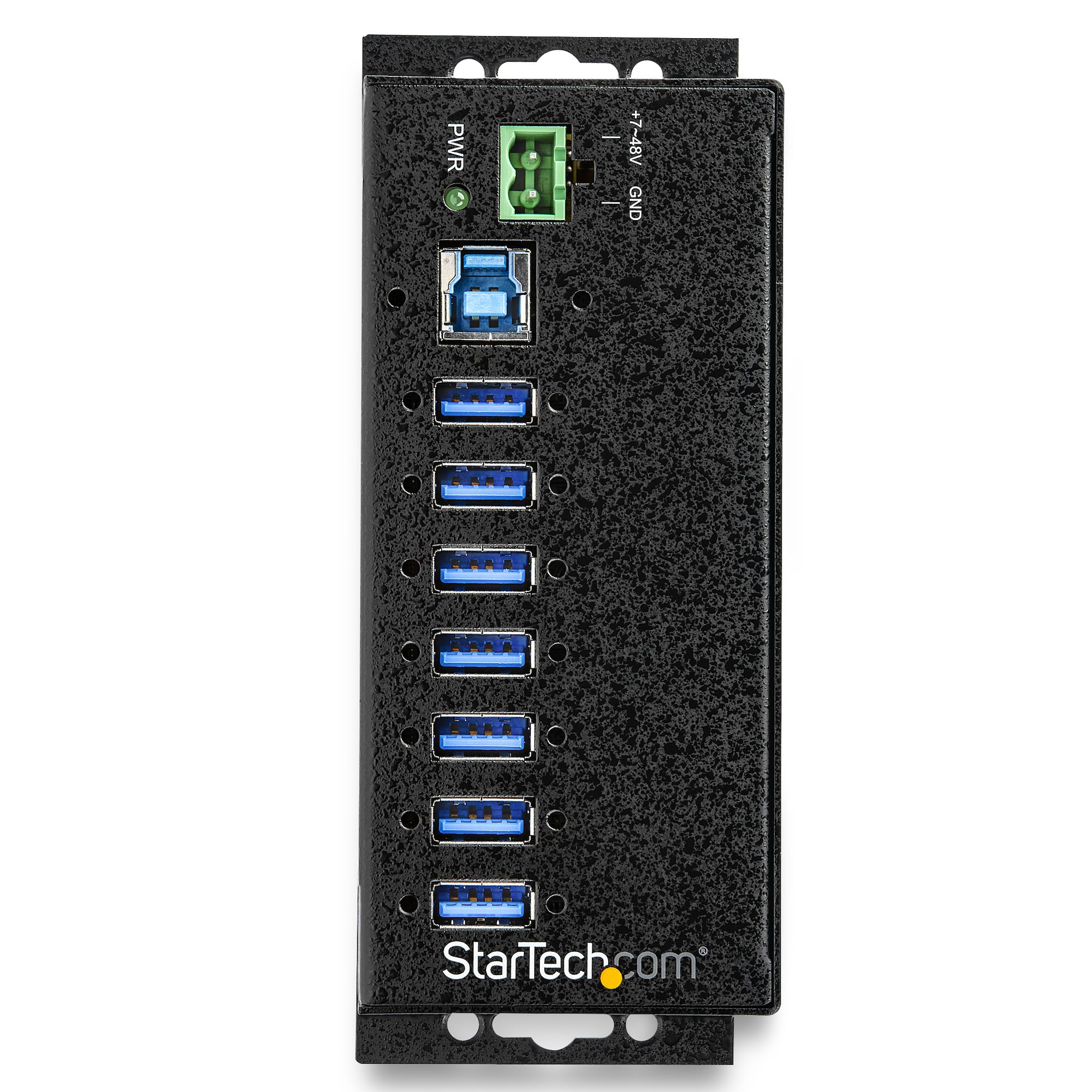 Concentrador USB negro con 10 puertos, etiquetado PWR y bloque de conexión verde.