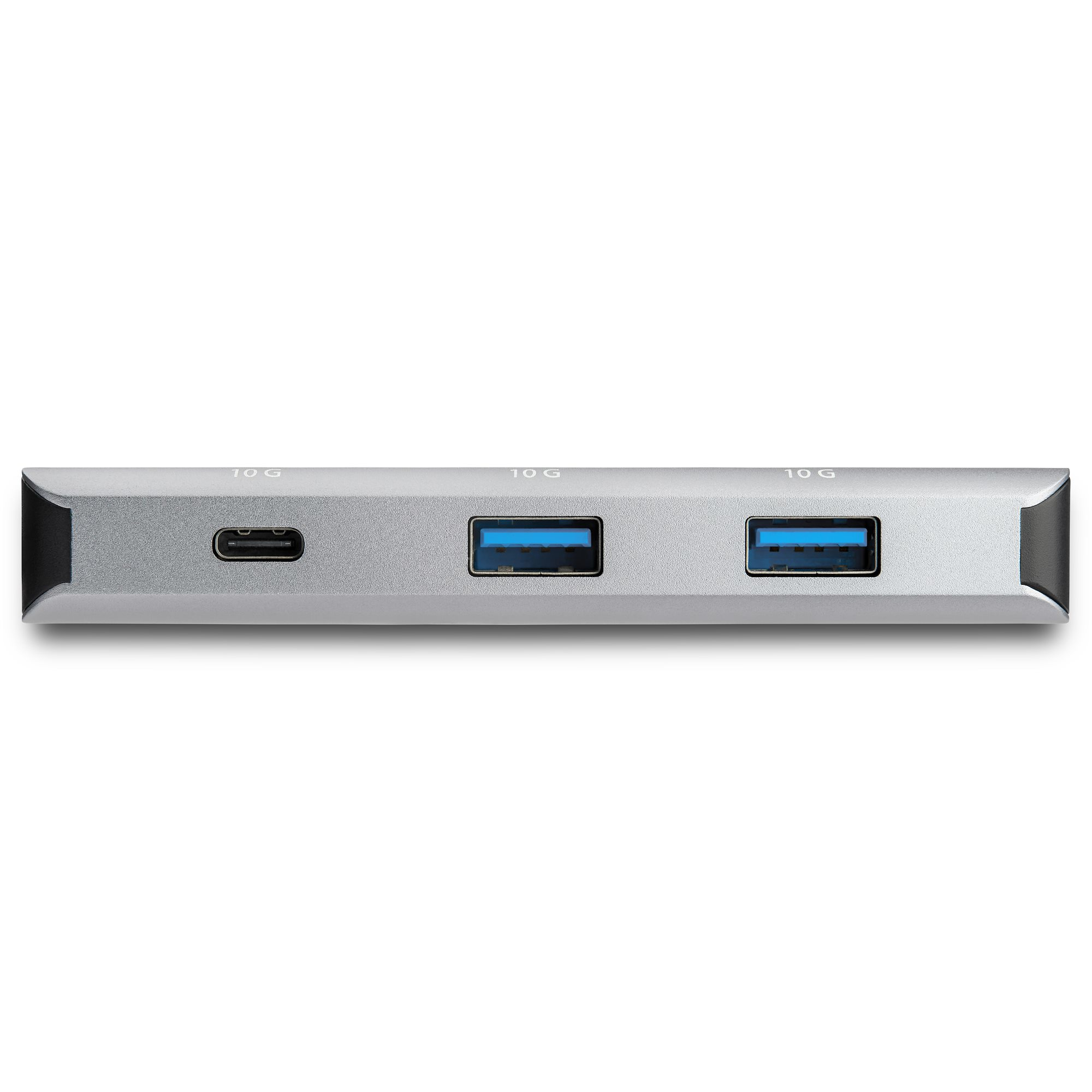 Concentrador plateado con tres puertos USB y un puerto USB-C.