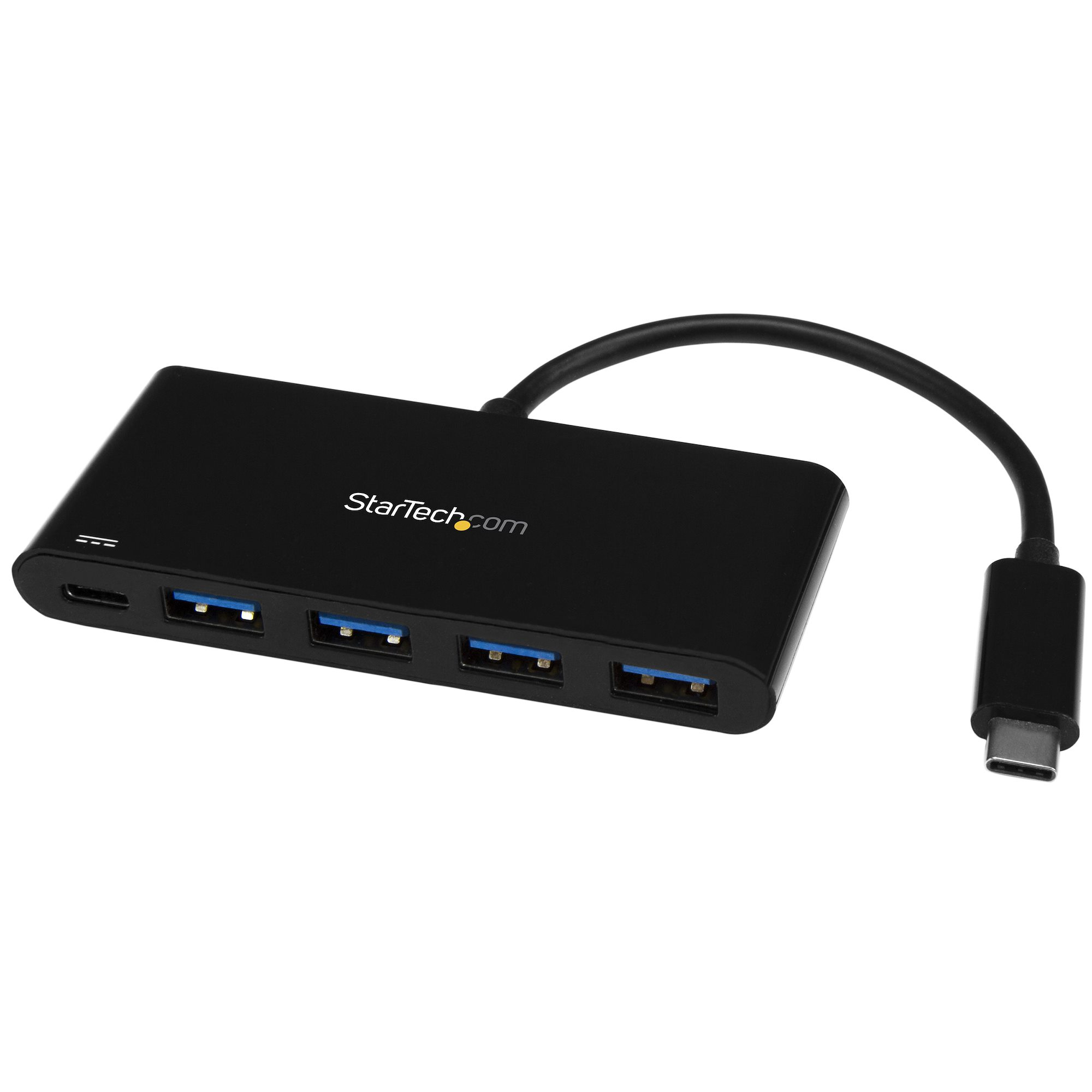Hub USB nero con 4 porte USB e connettore USB-C.