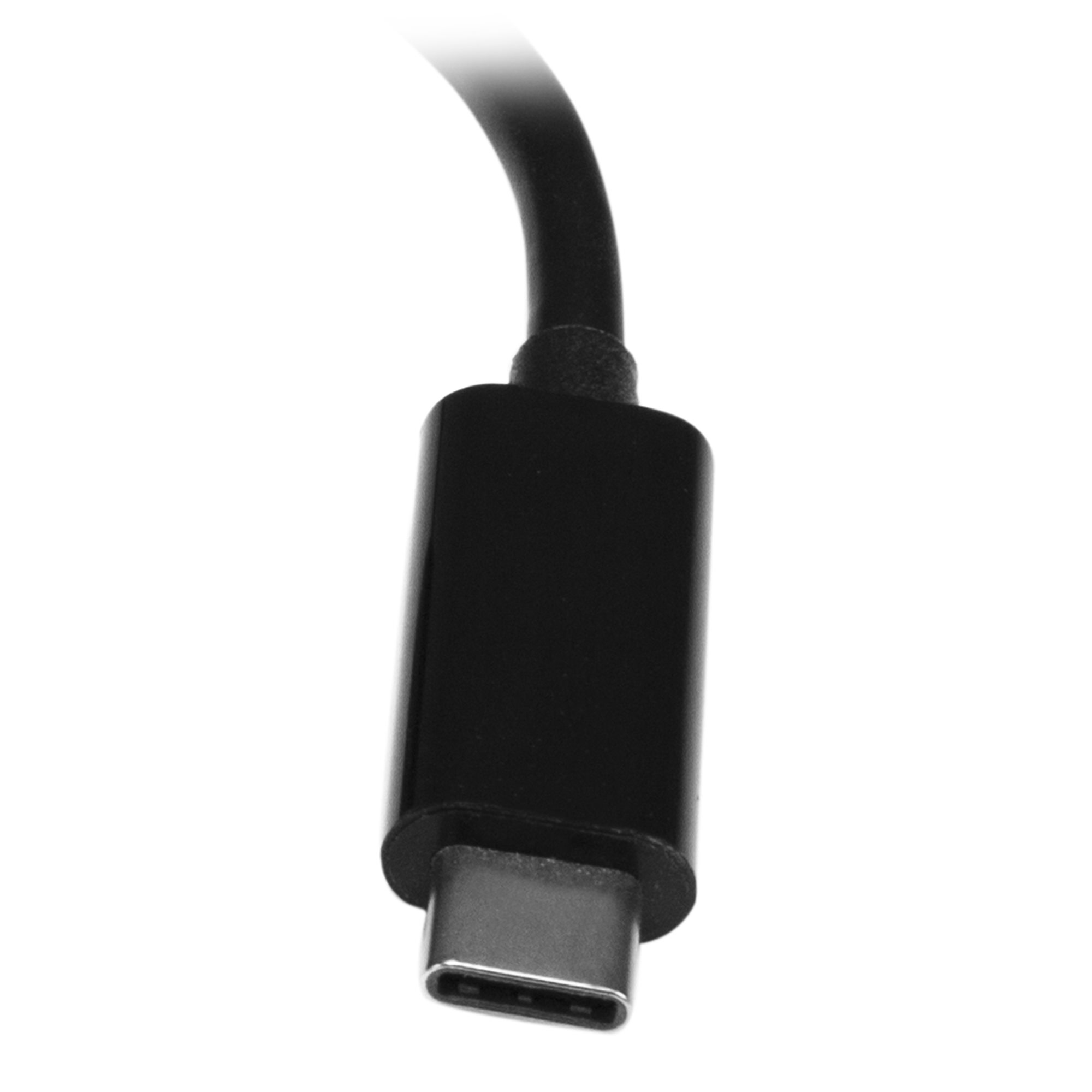 Primo piano di un connettore USB-C nero con cavo nero collegato.