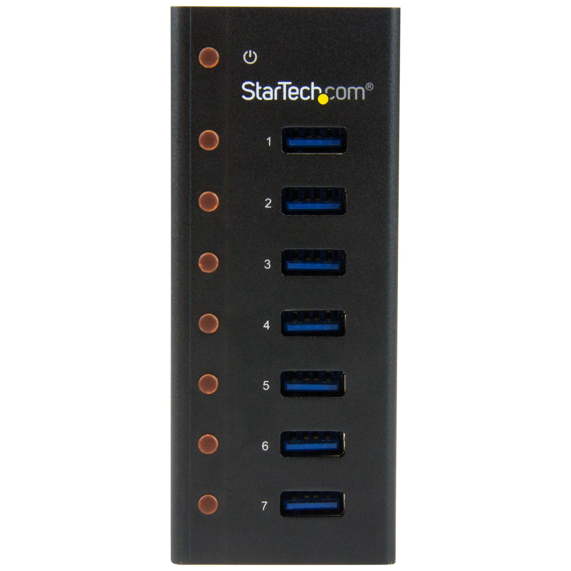 Hub USB nero con 7 porte USB e spie, su sfondo bianco.