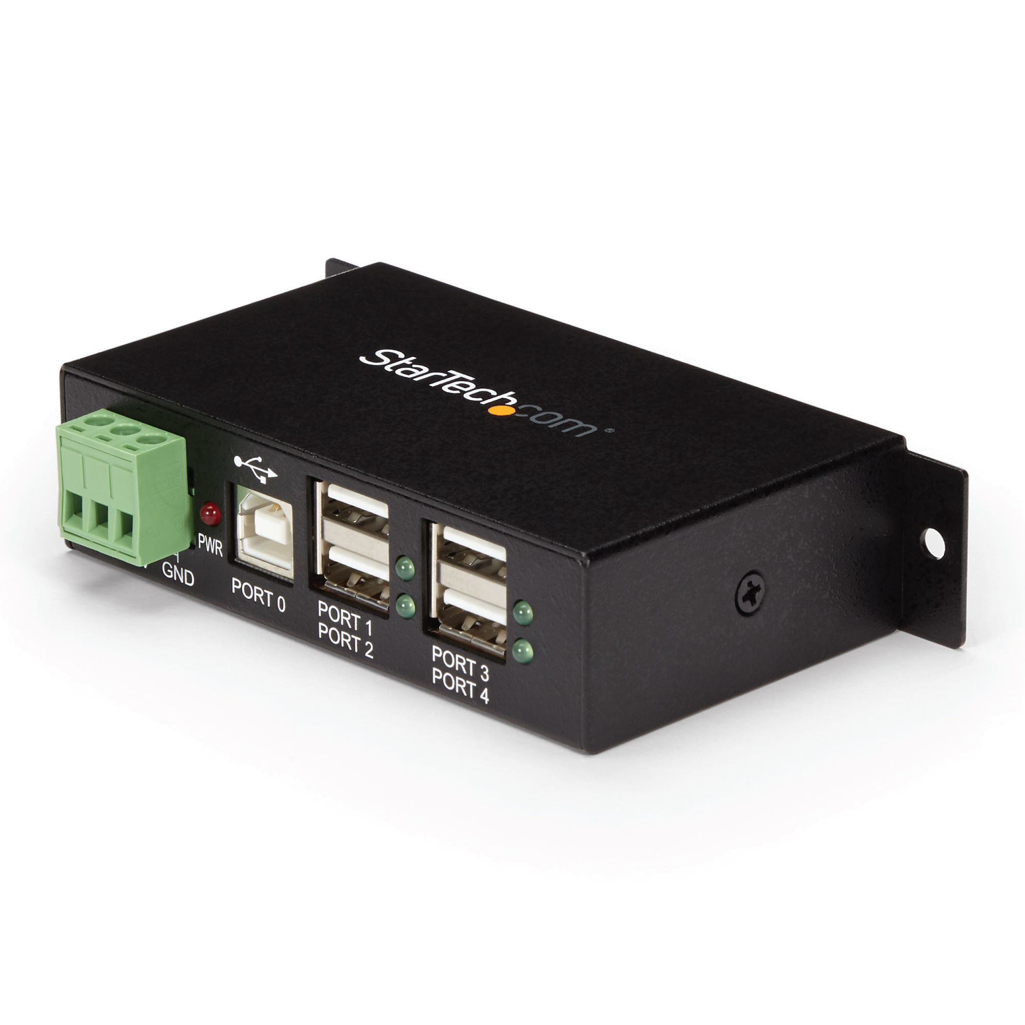 Hub USB nero con più porte e morsettiera verde, sfondo bianco.