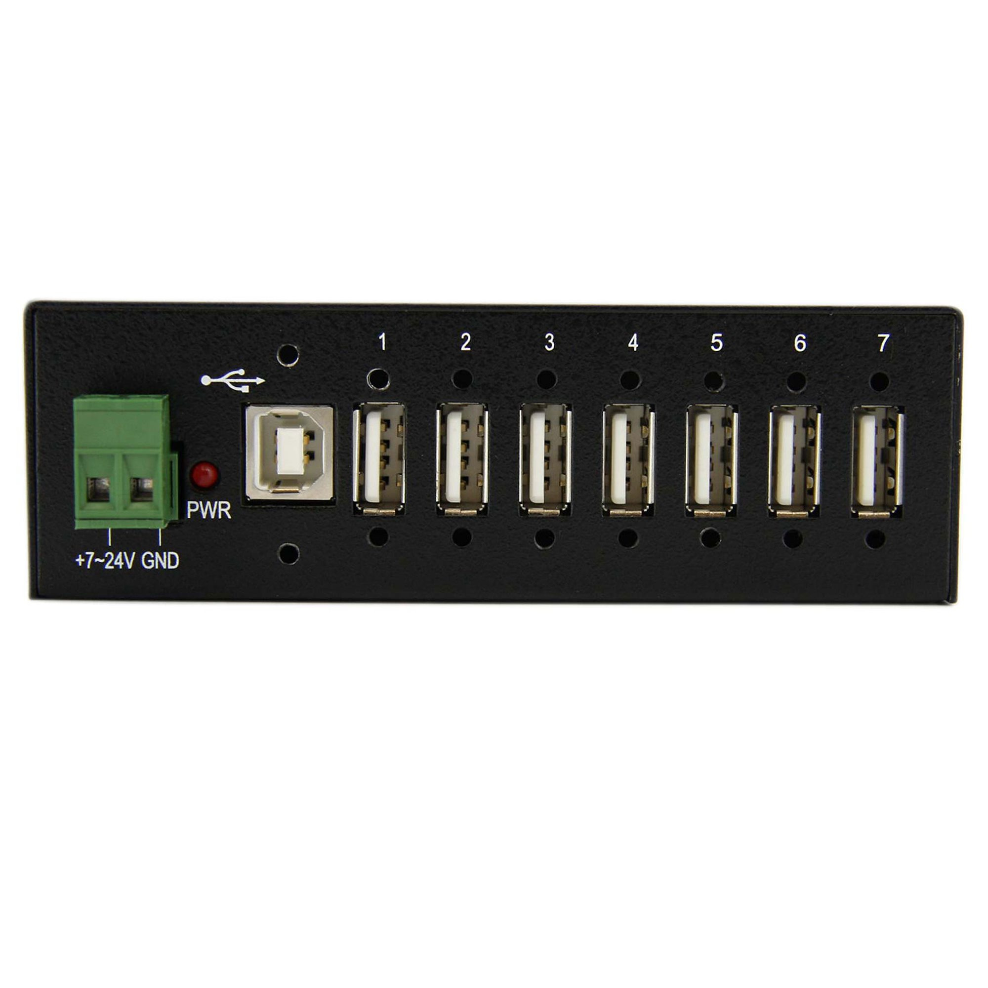 Hub USB nero con 7 porte, ingresso alimentazione e spia. Sfondo bianco.