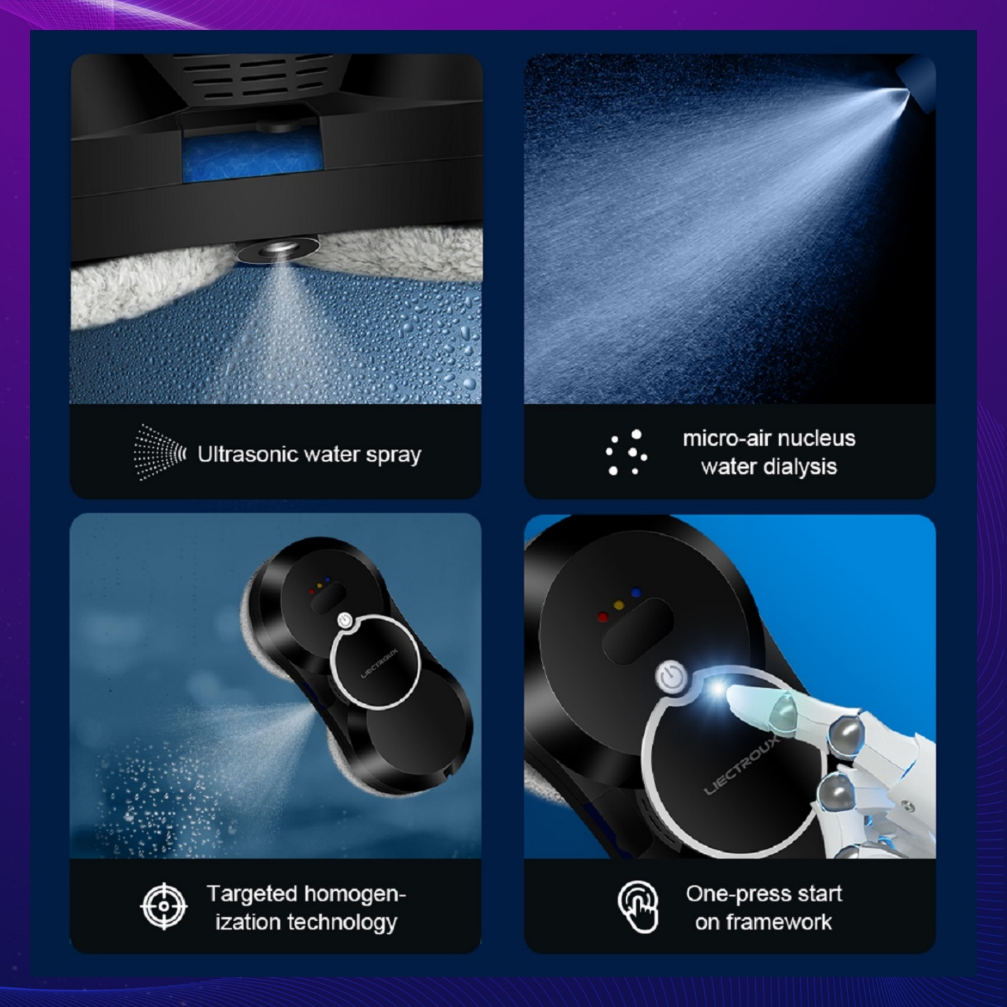 Vier Bilder mit Details zu Roboterreiniger-Funktionen: Wasserspray, Luftdialyse und Reinigung.