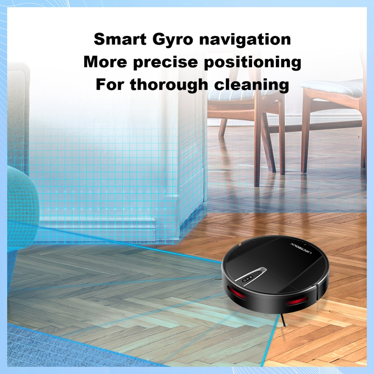 Ein schwarzer Roboter-Staubsauger auf einem Holzboden. Text: Smart Gyro-Navigation, präzisere Positionierung, zur Reinigung.