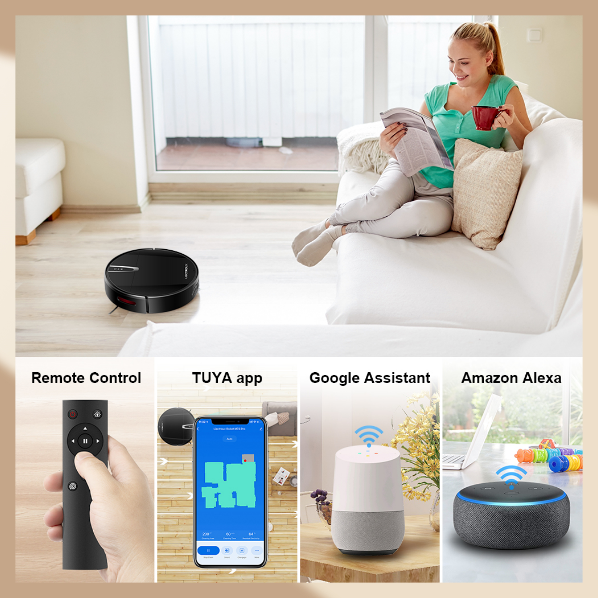 Frau liest auf Sofa, Roboter saugt. Fernbedienung, App, Google Assistant, Amazon Alexa.