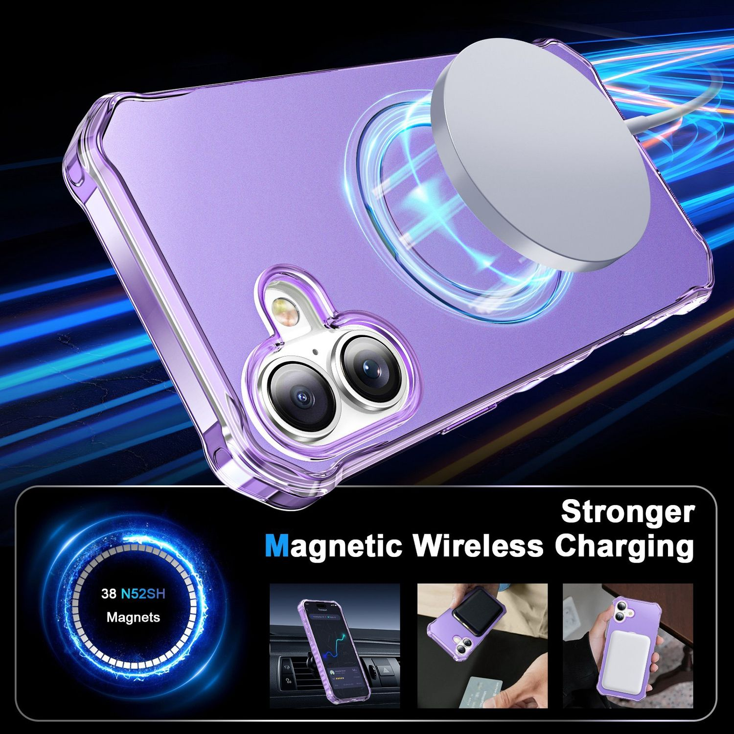 Ein Telefon in einer lila Hülle mit einem kabellosen Ladegerät. Die Hülle ist transparent und zeigt blaues Licht.