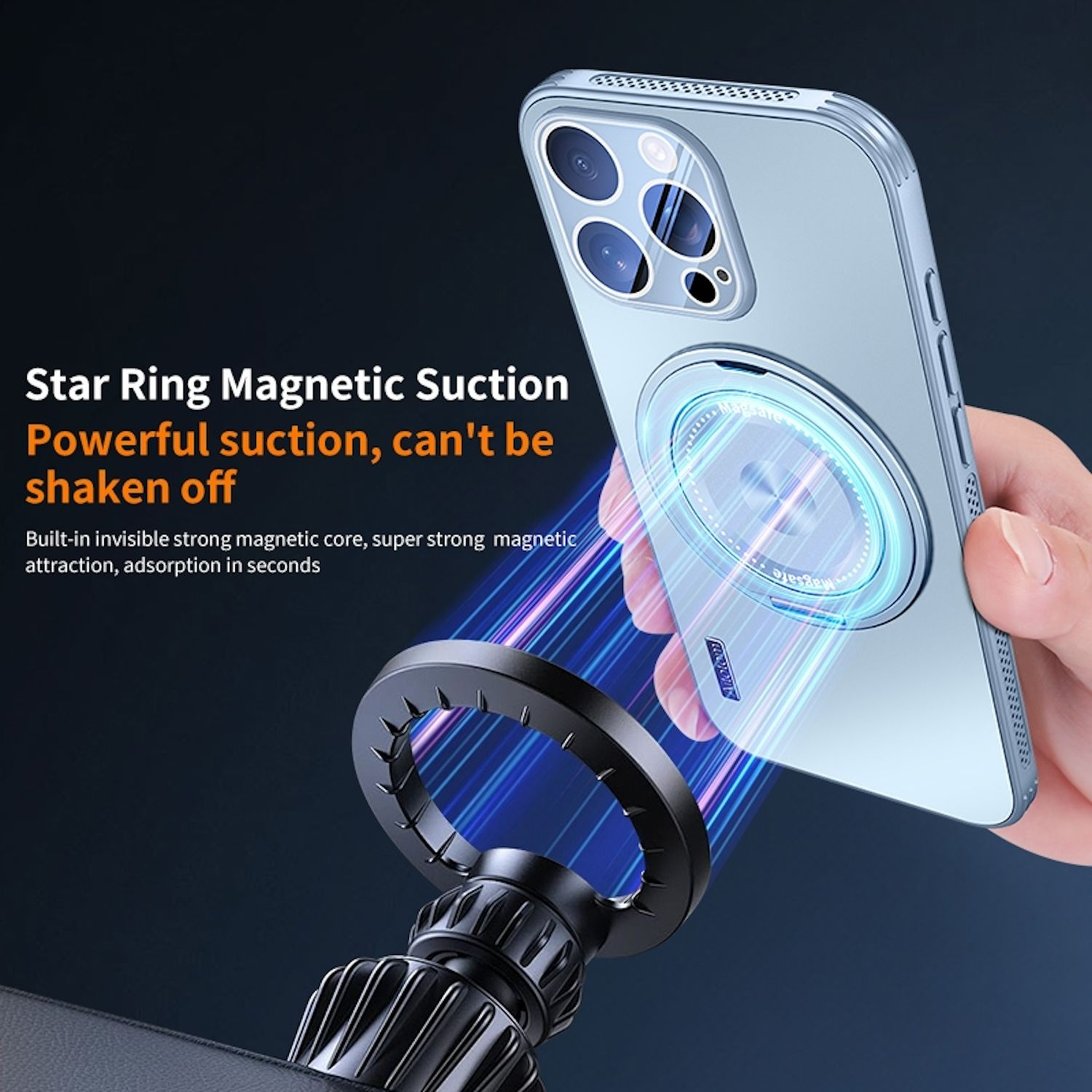 Handyhülle, Telefon und Saugringhalter. Text: Star Ring Magnetic Suction, leistungsstarke Absaugung.