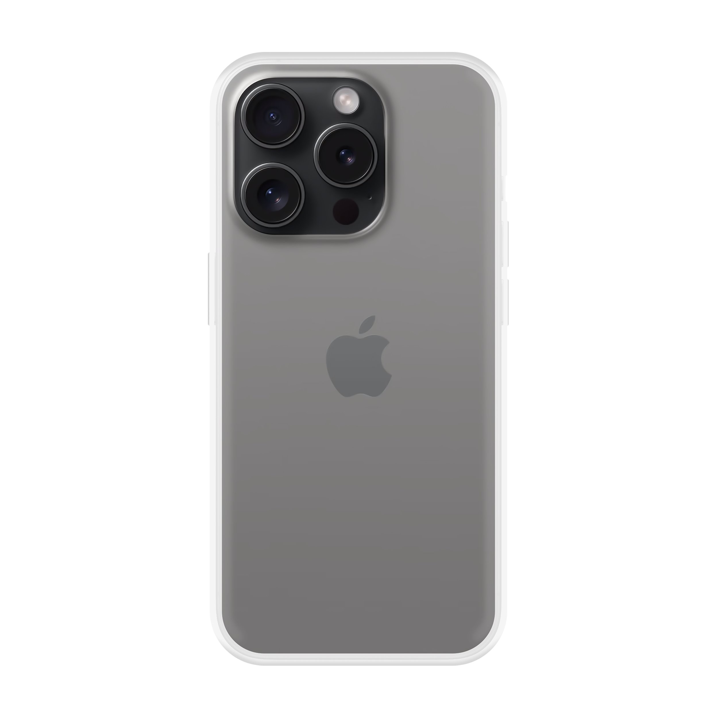 Graues iPhone mit weißem Rand, vier Kameras und Apple-Logo auf schwarzem Hintergrund.