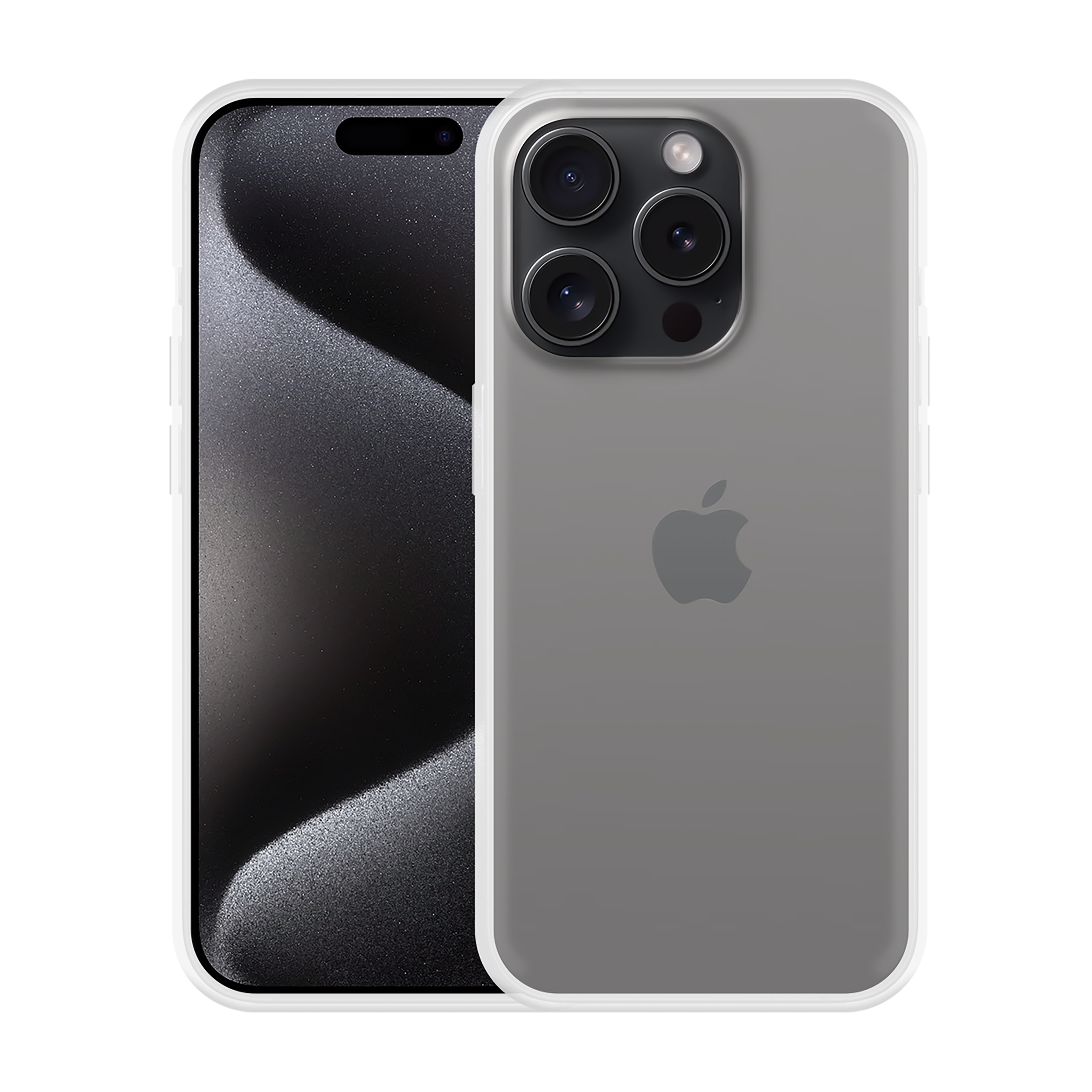 Graues Telefon mit weißem Gehäuse. Das Gehäuse hat das Apple-Logo, auf weißem Hintergrund.