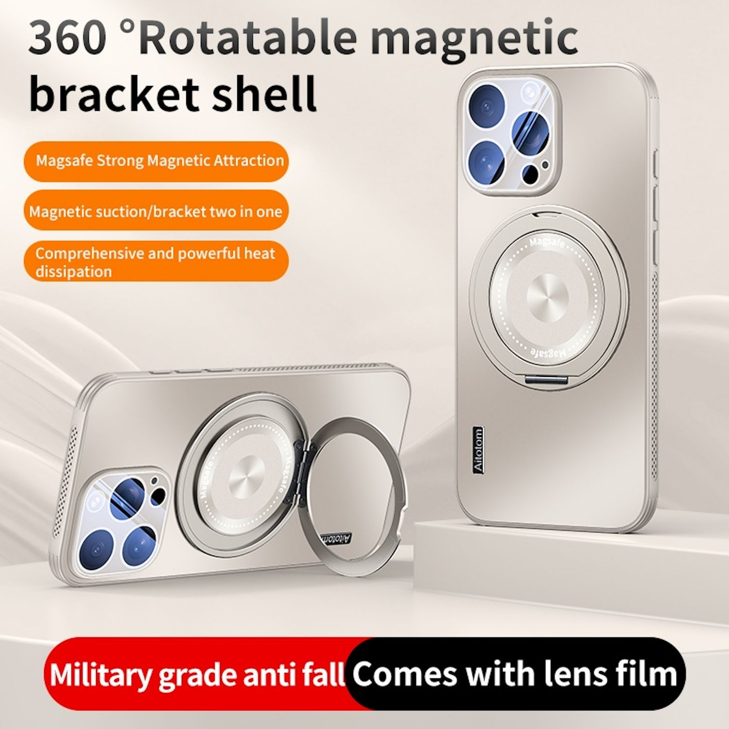 Handyhüllen, eine mit Ringständer. Text: 360° drehbare magnetische Halterung, starke Anziehung.