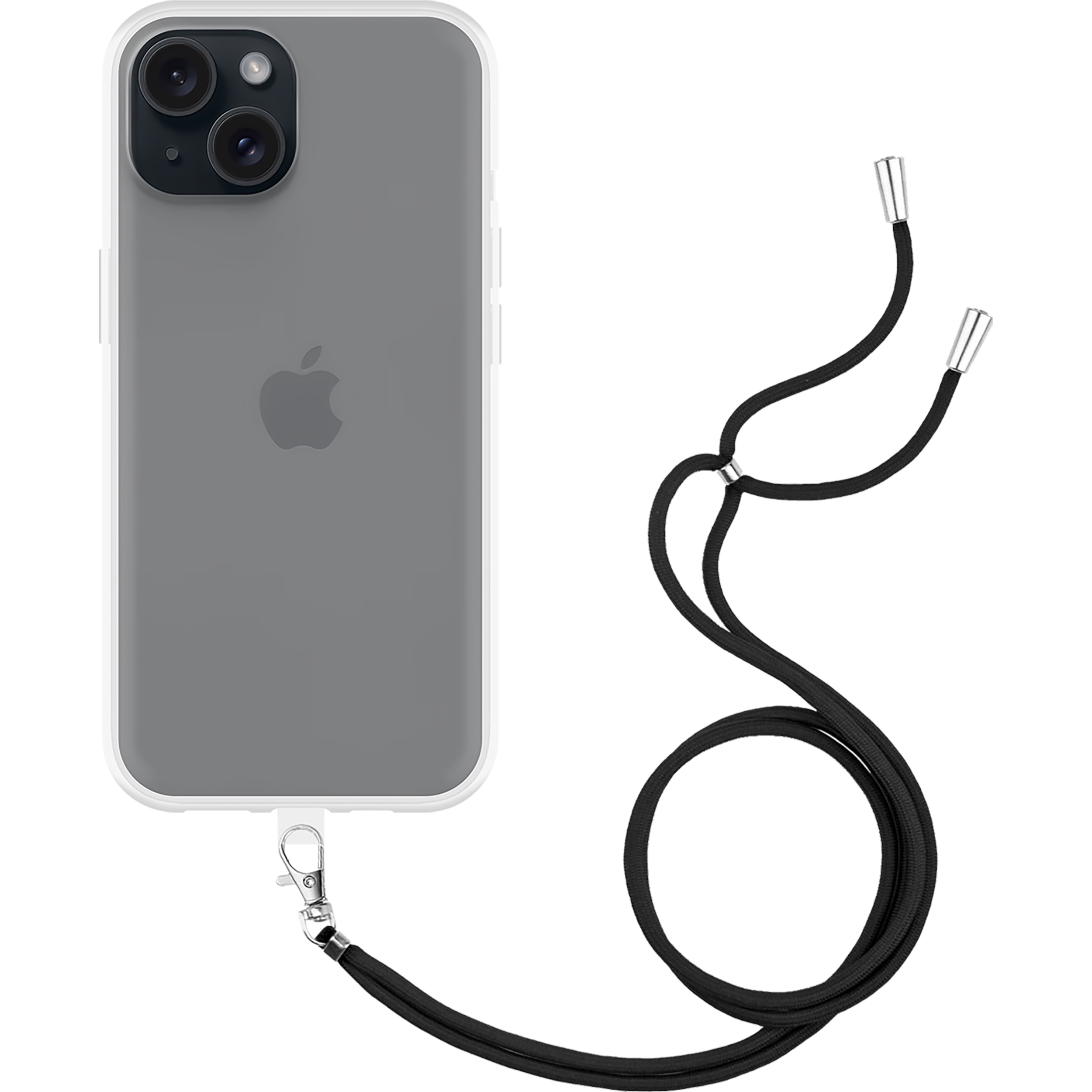 iPhone mit klarer Hülle und schwarzem Schlüsselband. Telefon hat Kameras. Schwarzer Hintergrund.