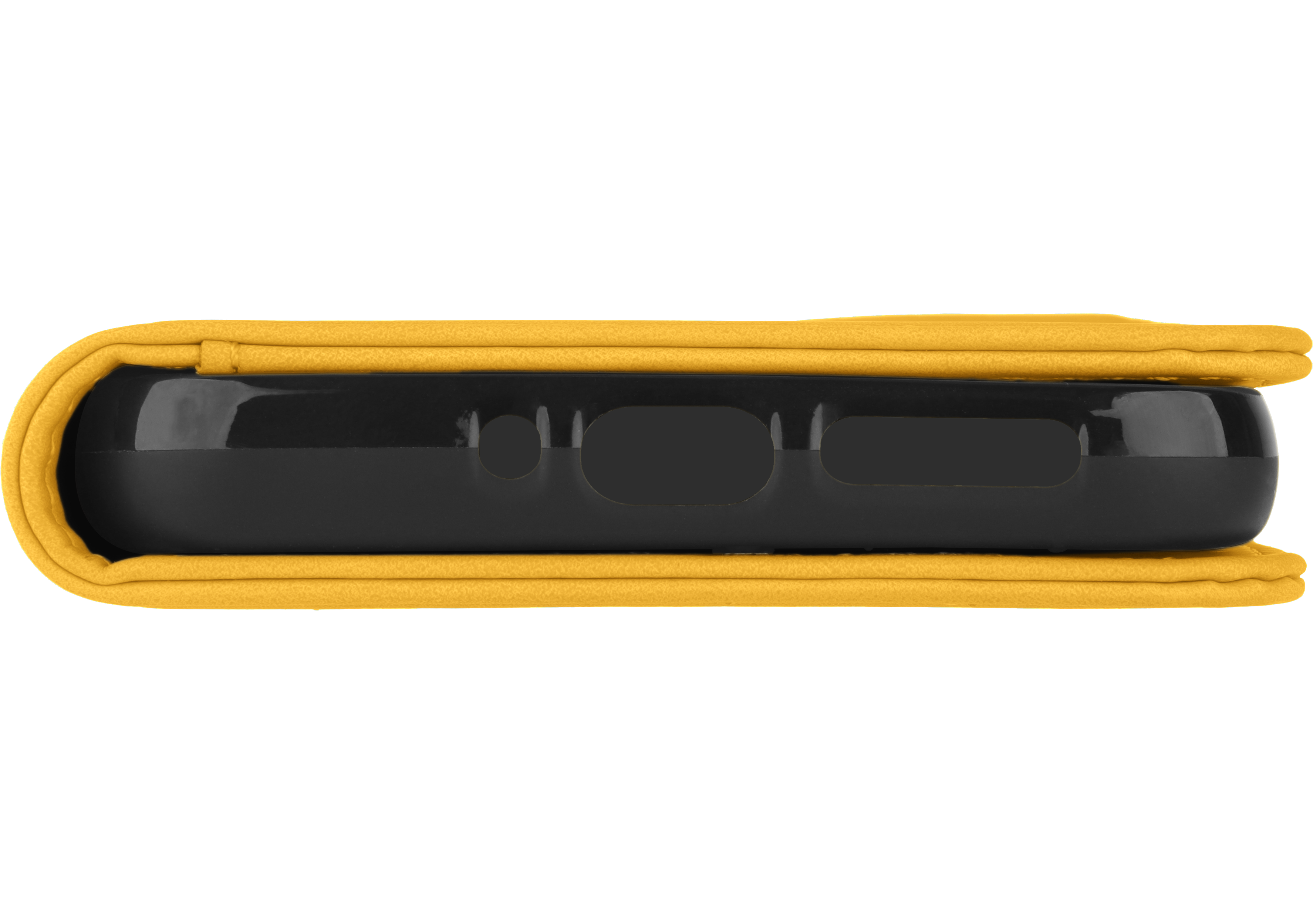 Gelbe Handyhülle. Das Etui ist gefaltet, mit einem schwarzen Telefon darin. Das Etui hat ein buchähnliches Design.