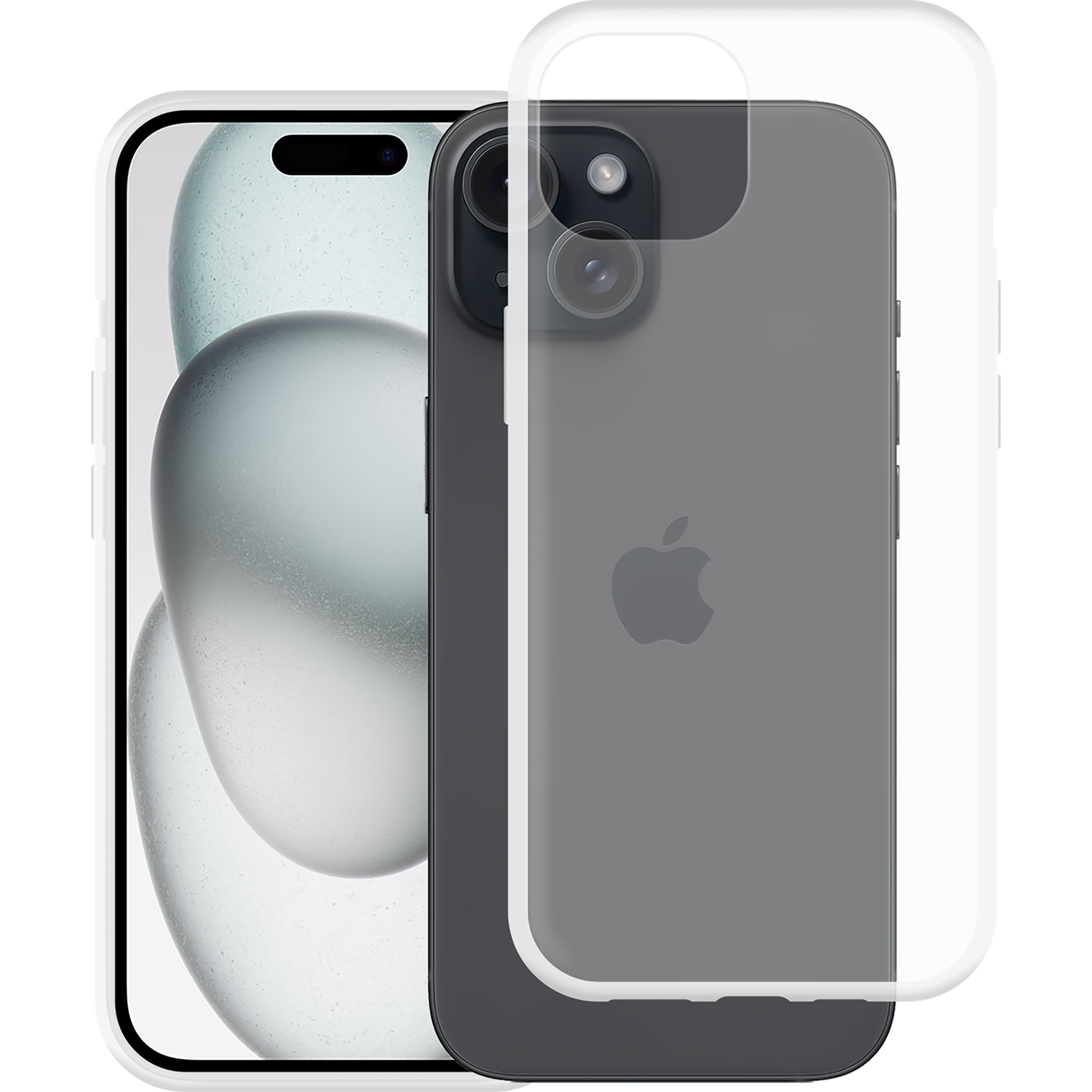 iPhone 14 mit klarer Schutzhülle. Telefon ist schwarz mit sichtbarem Bildschirm.