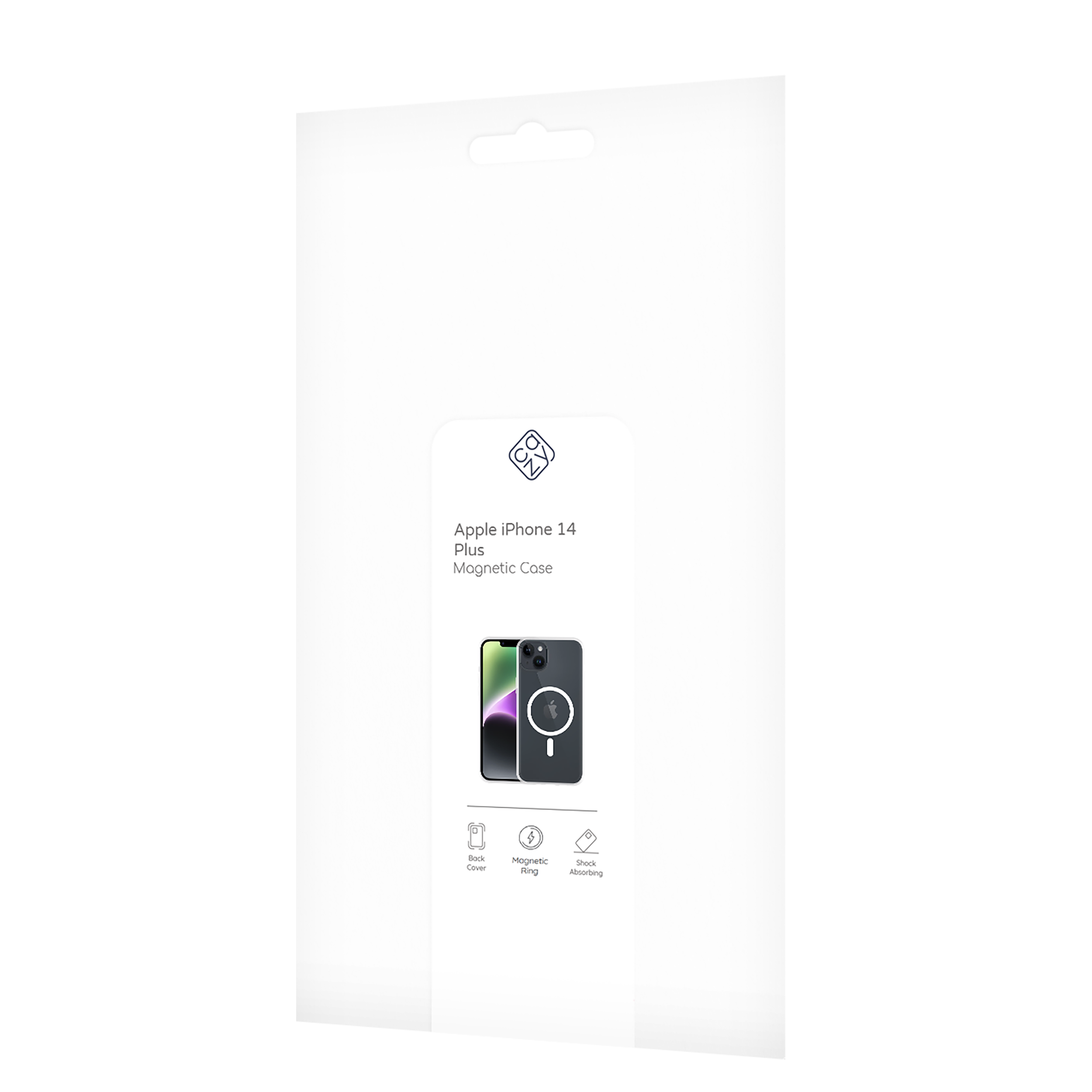 Telefonhüllenverpackung mit Bild von Telefon und Hülle, mit Text.