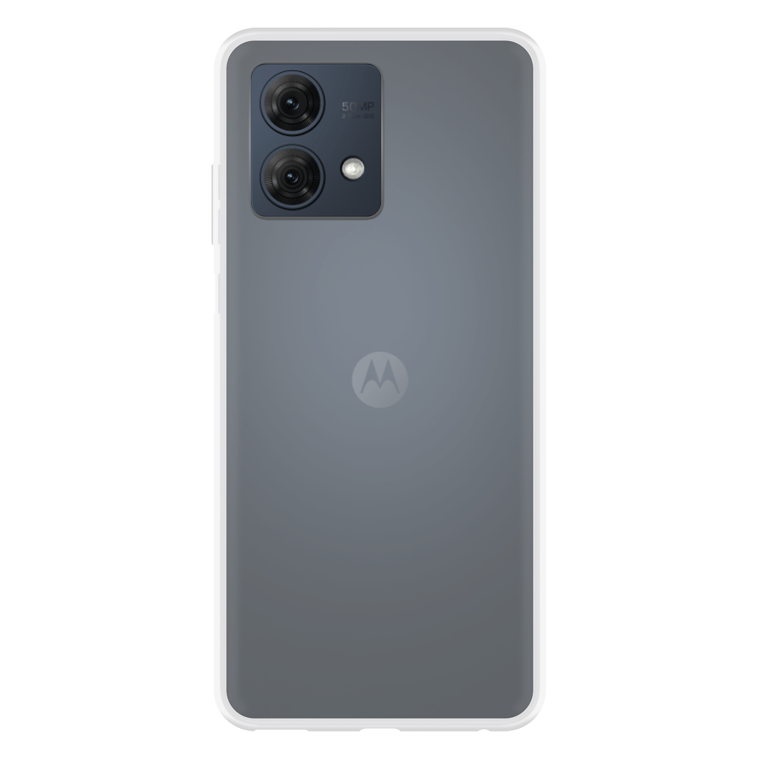 Rückansicht eines grauen Telefons mit Dual-Kamera und Motorola-Logo.