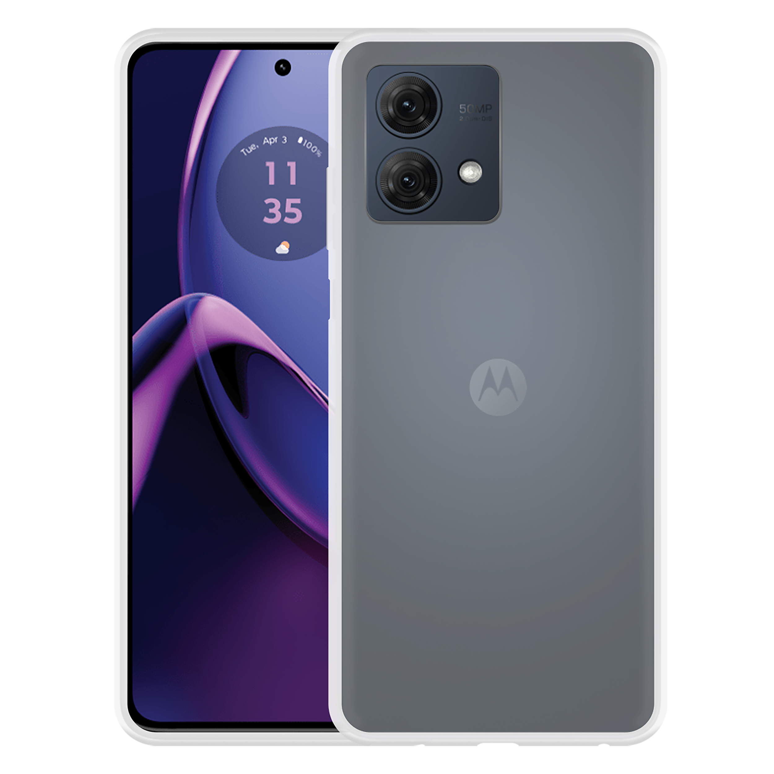 Ein Smartphone mit grauem Rücken und weißem Rahmen auf schwarzem Hintergrund. Zeigt Vorder- und Rückseite.